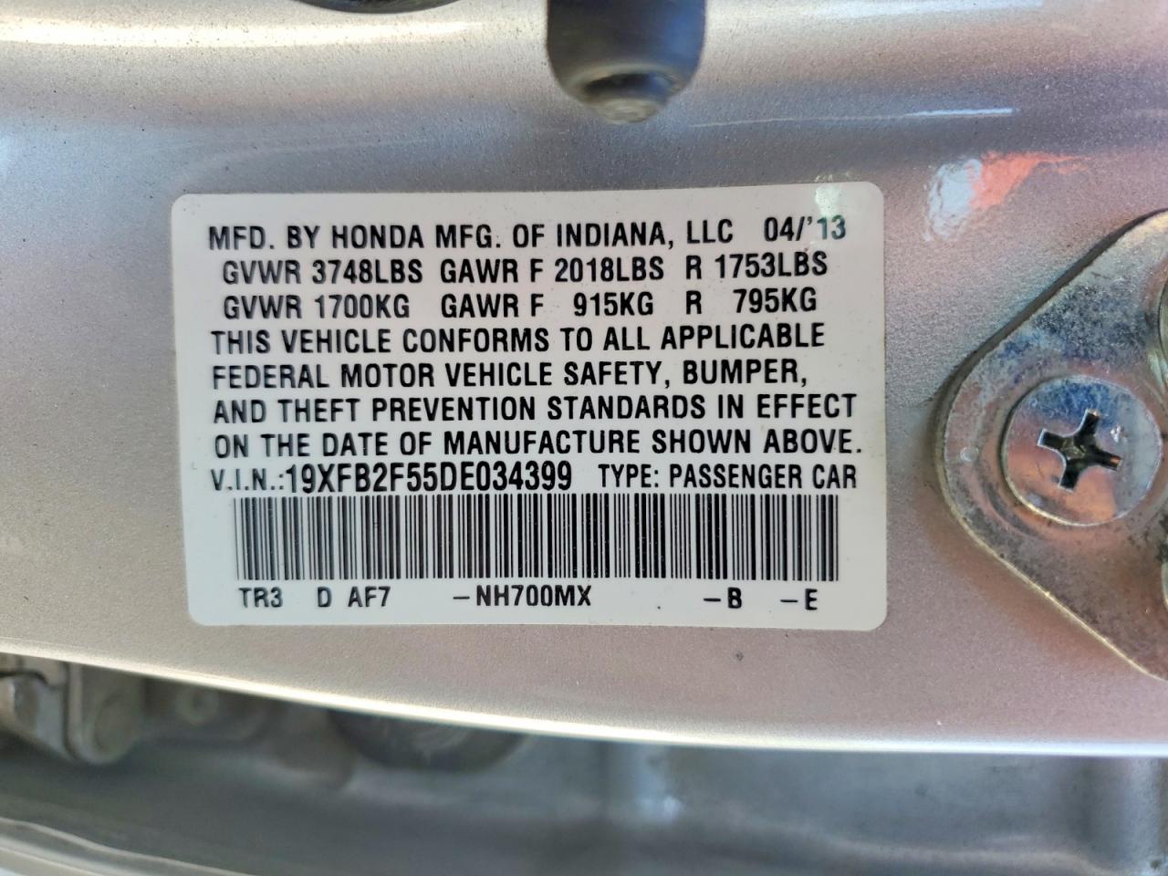2013 Honda Civic Lx Silver vin: 19XFB2F55DE034399