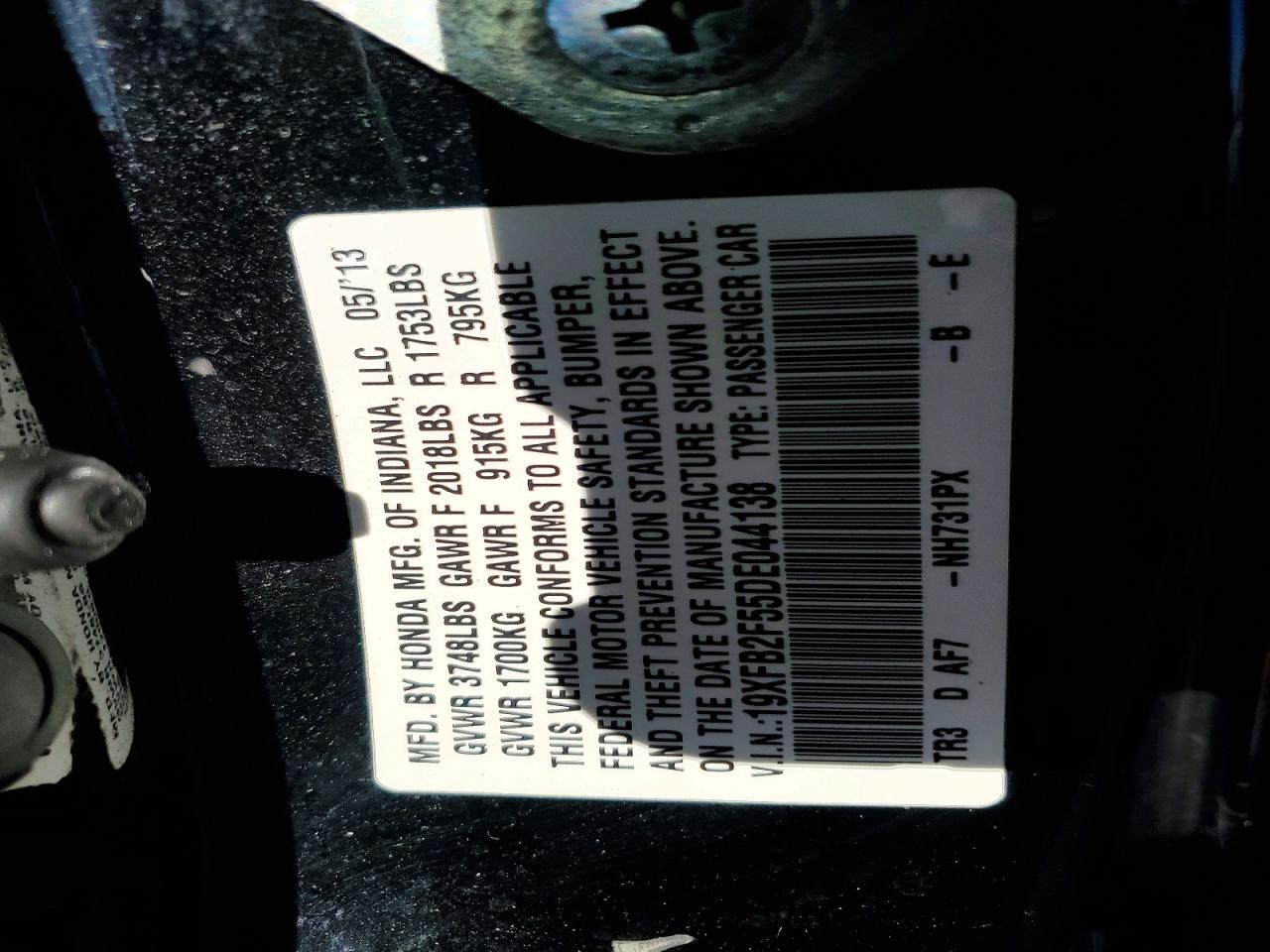 2013 Honda Civic Lx Black vin: 19XFB2F55DE044138