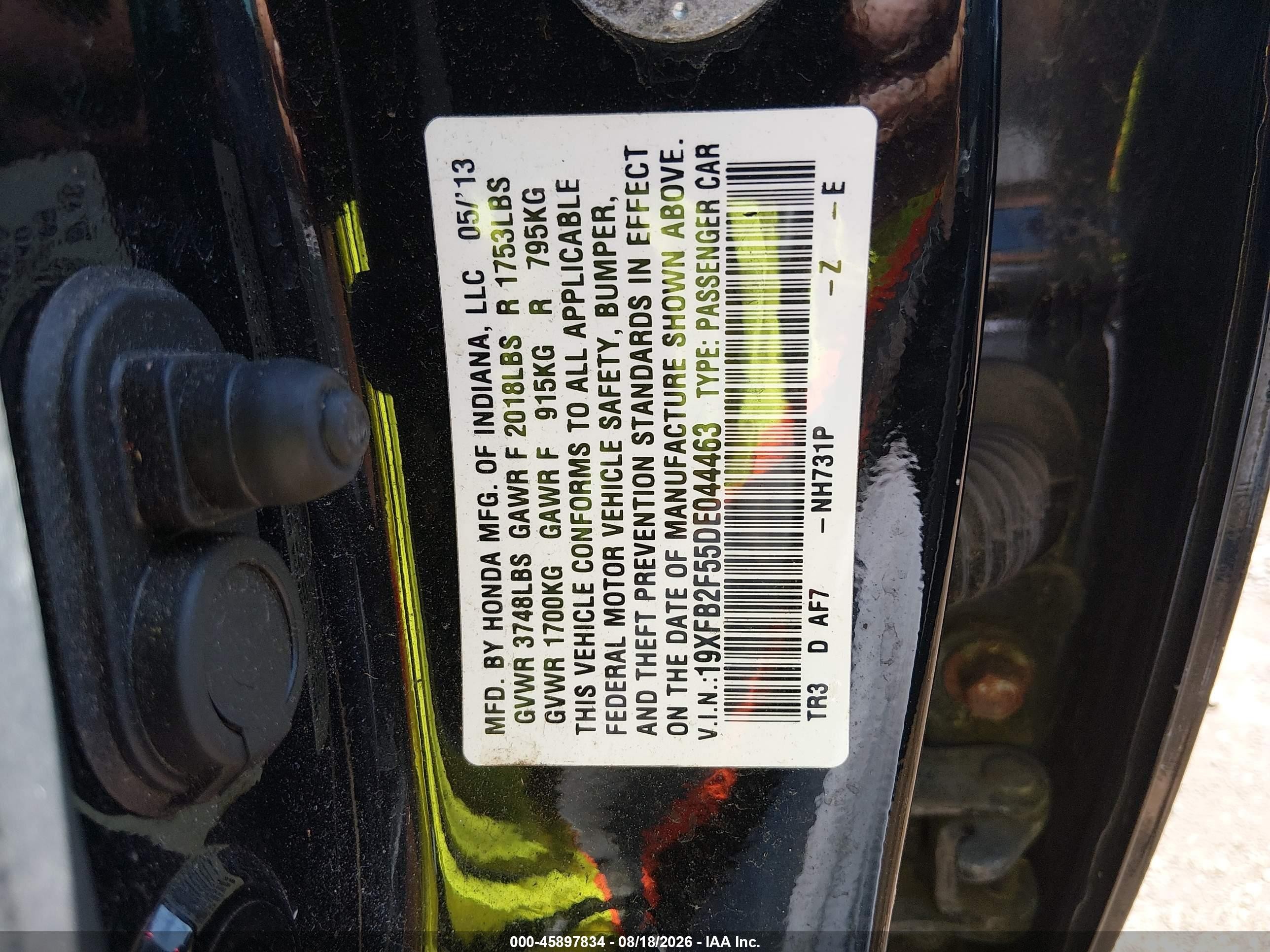 2013 Honda Civic Lx Black vin: 19XFB2F55DE044463