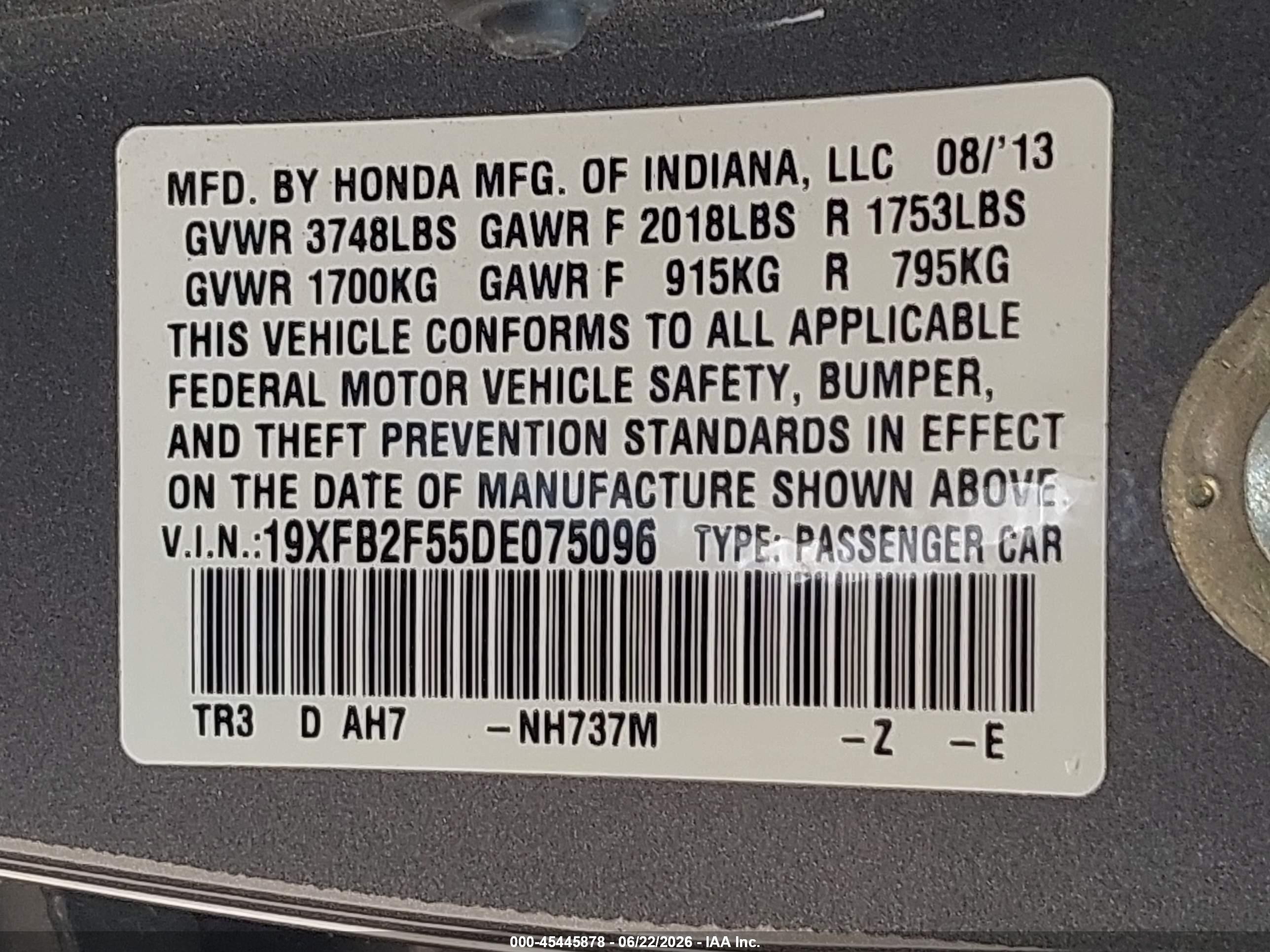 2013 Honda Civic Lx Gray vin: 19XFB2F55DE075096