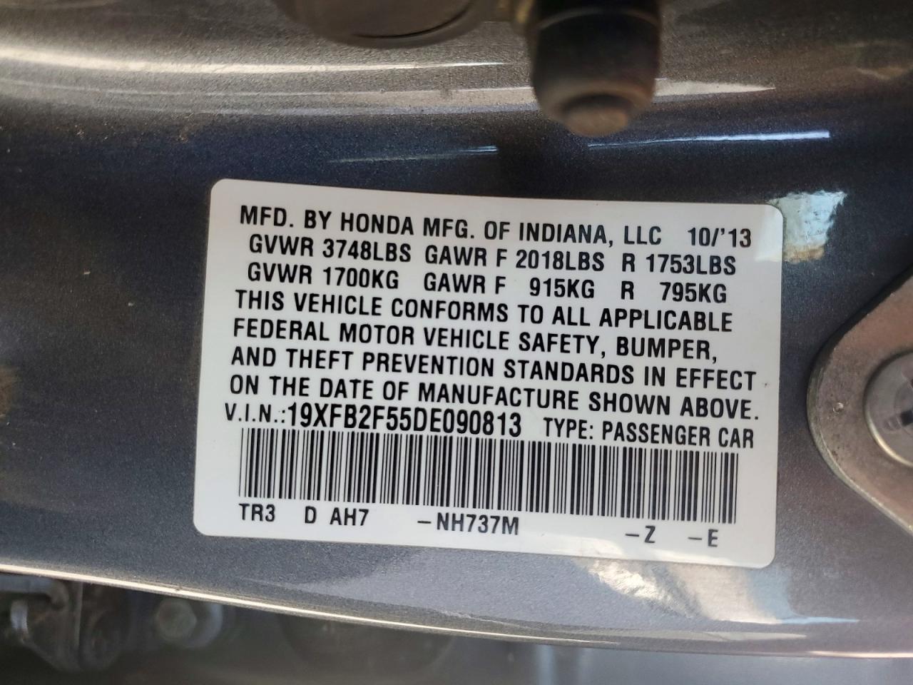 2013 Honda Civic Lx Gray vin: 19XFB2F55DE090813