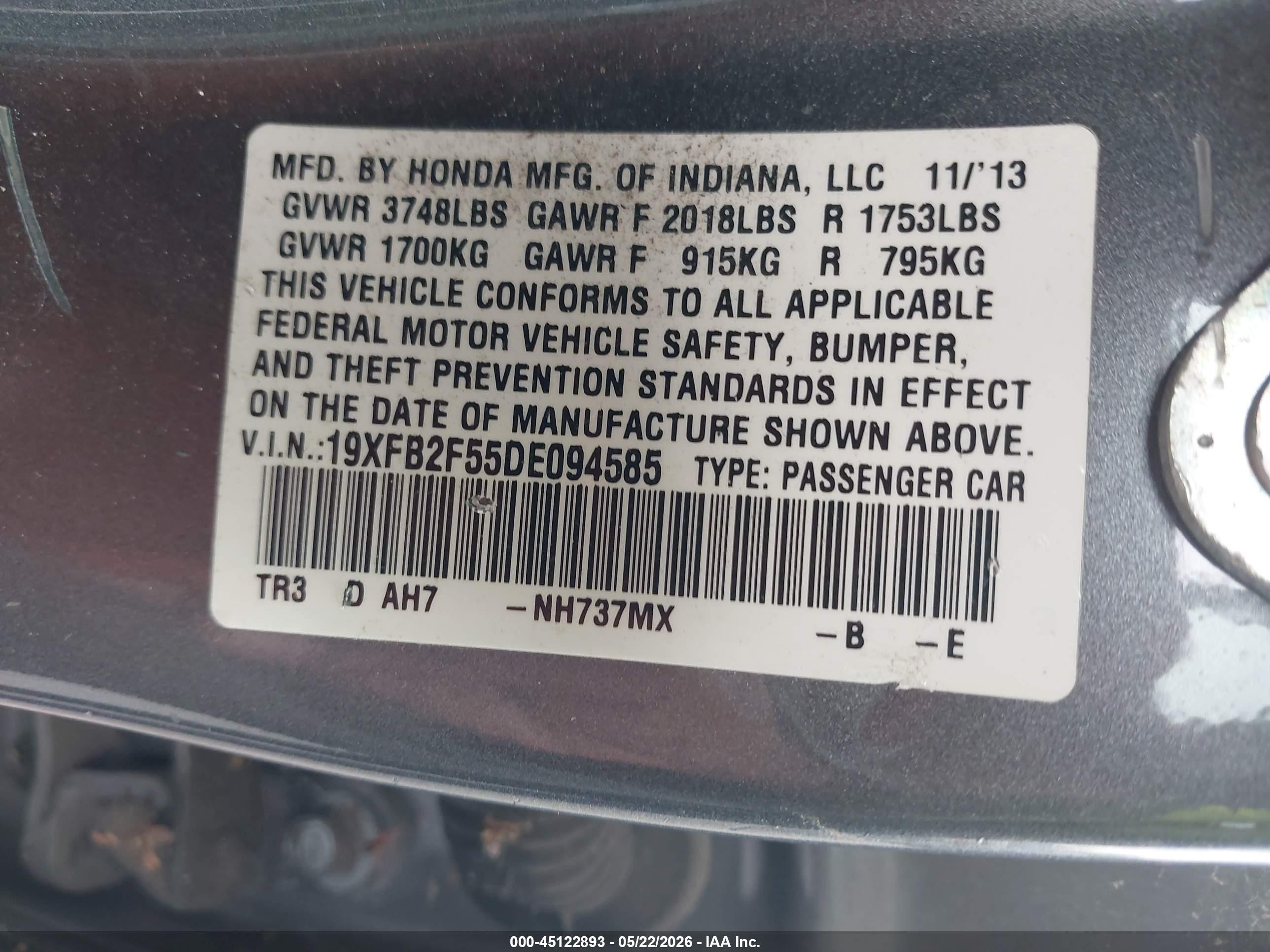 2013 Honda Civic Lx Gray vin: 19XFB2F55DE094585