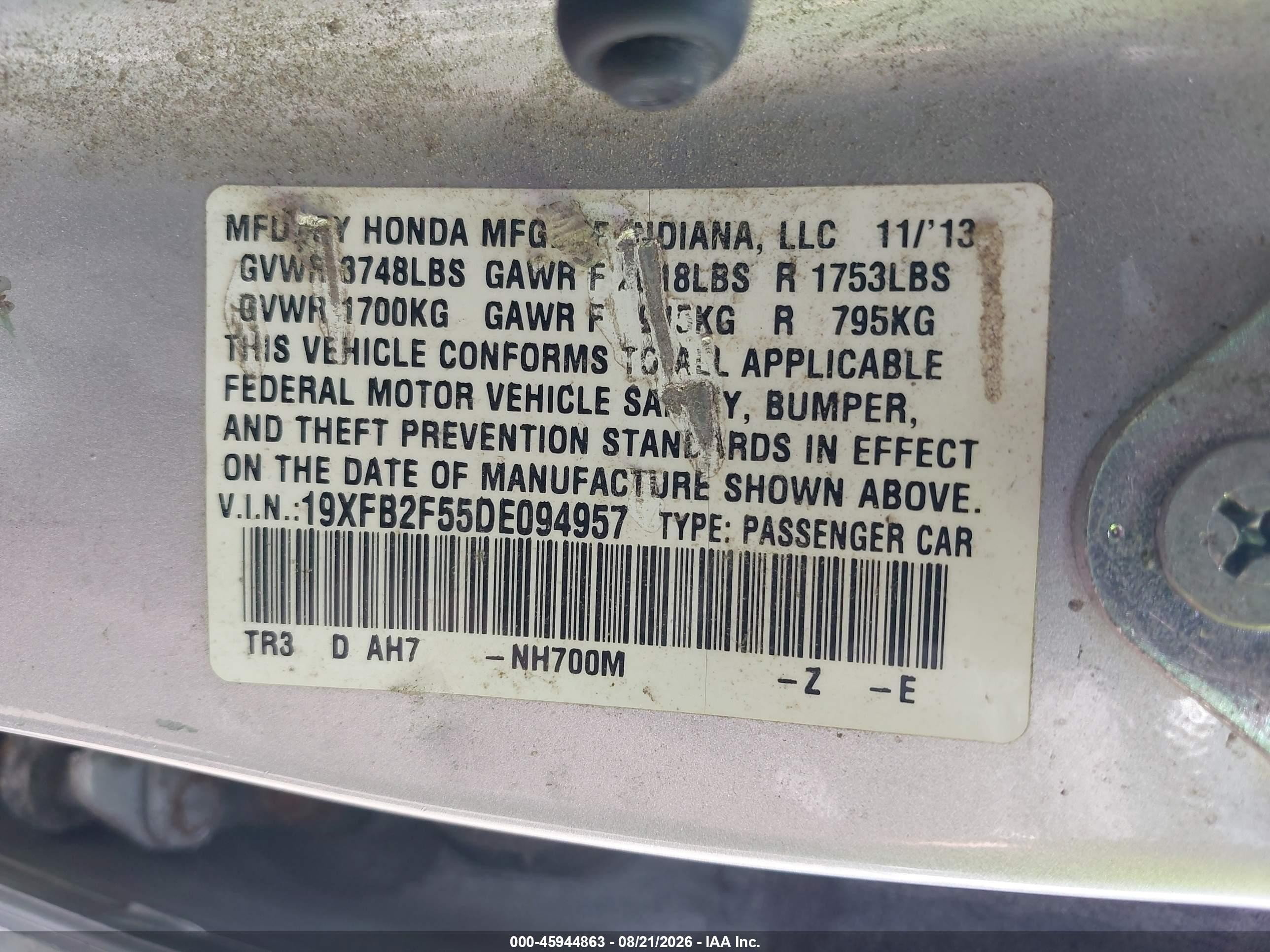 2013 Honda Civic Lx Silver vin: 19XFB2F55DE094957