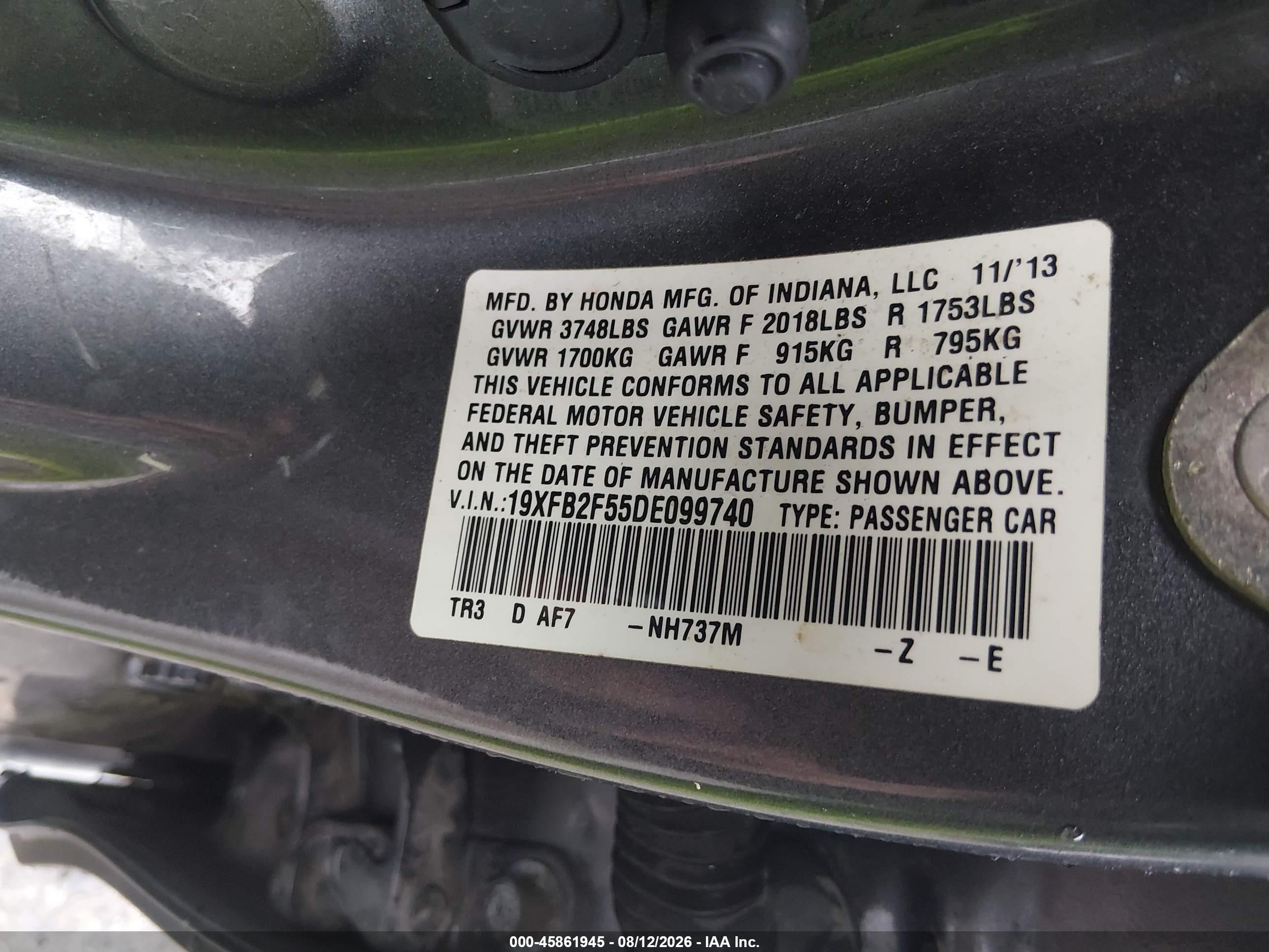 2013 Honda Civic Lx Серый vin: 19XFB2F55DE099740