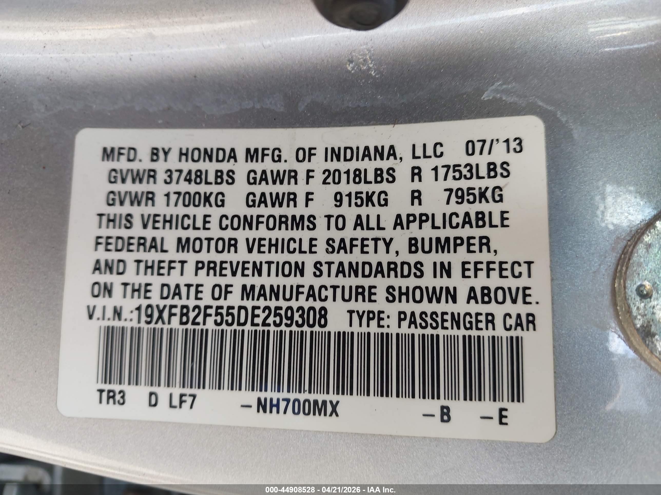 2013 Honda Civic Lx Gray vin: 19XFB2F55DE259308