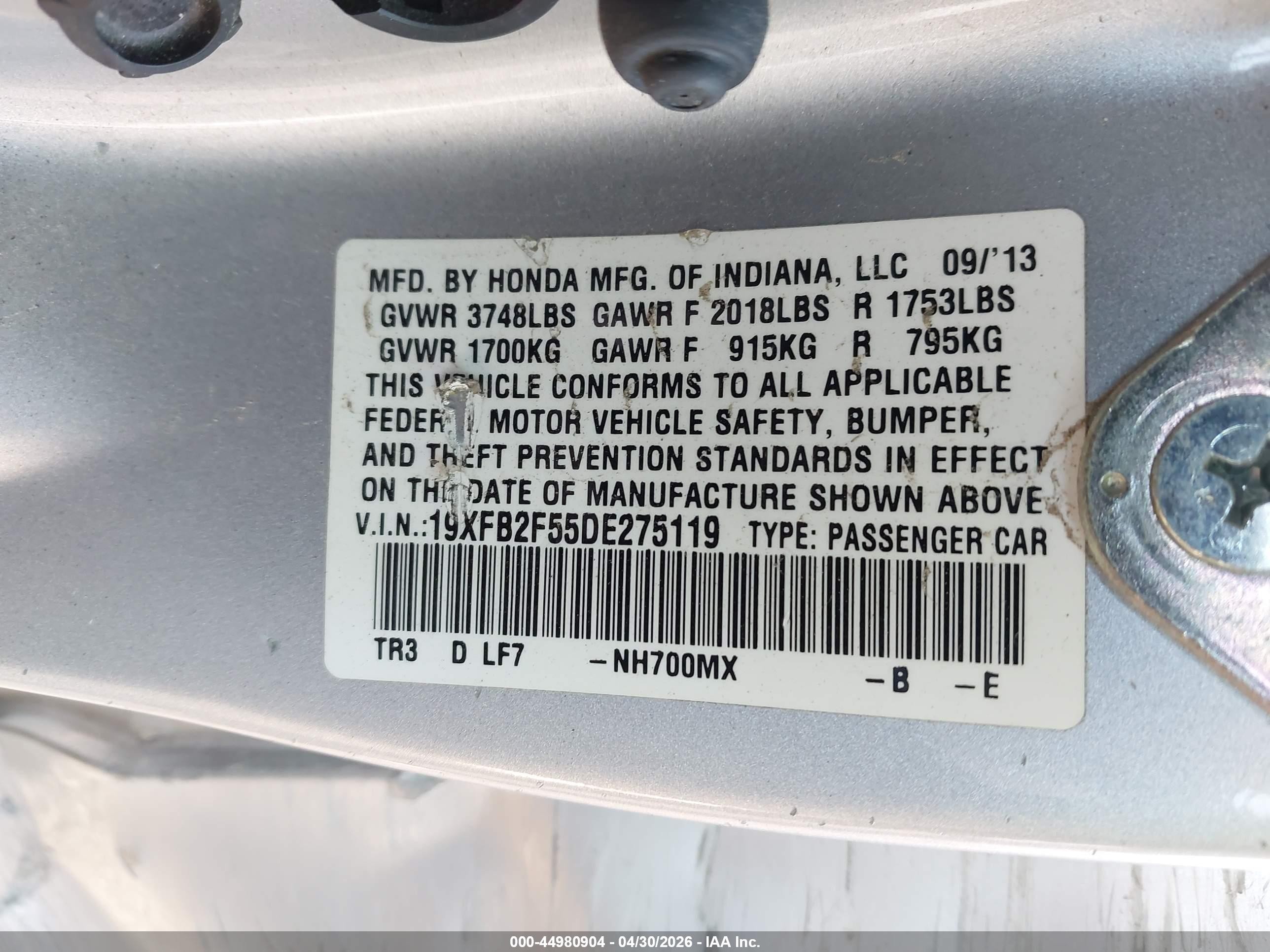 2013 Honda Civic Lx Silver vin: 19XFB2F55DE275119