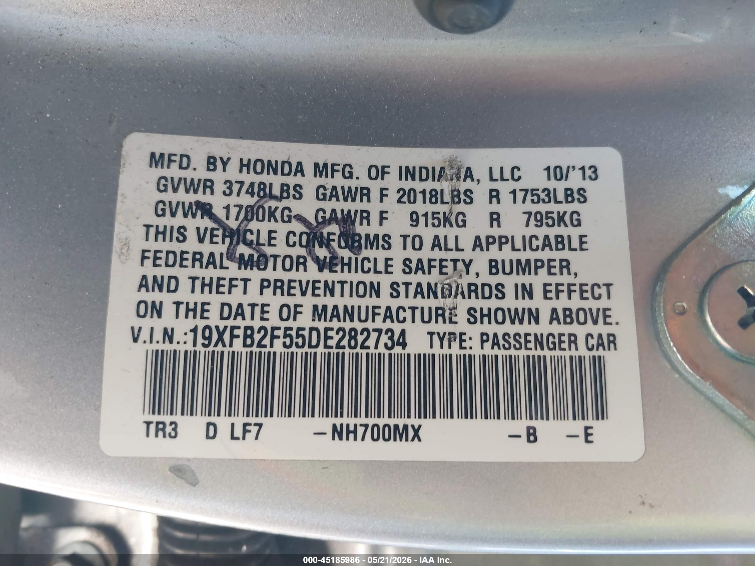 2013 Honda Civic Lx Silver vin: 19XFB2F55DE282734
