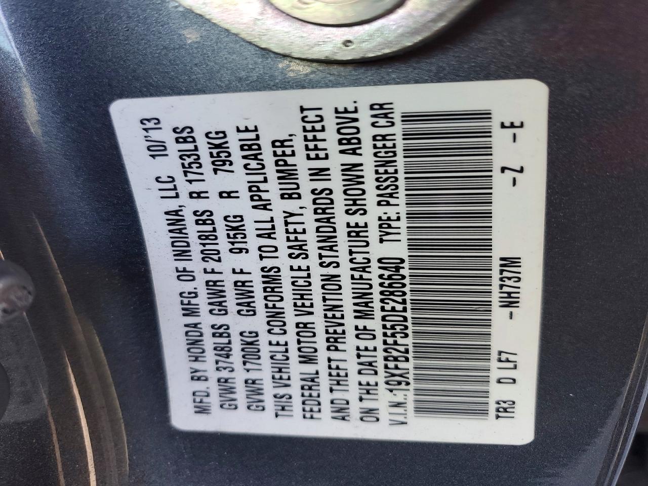 2013 Honda Civic Lx Gray vin: 19XFB2F55DE286640