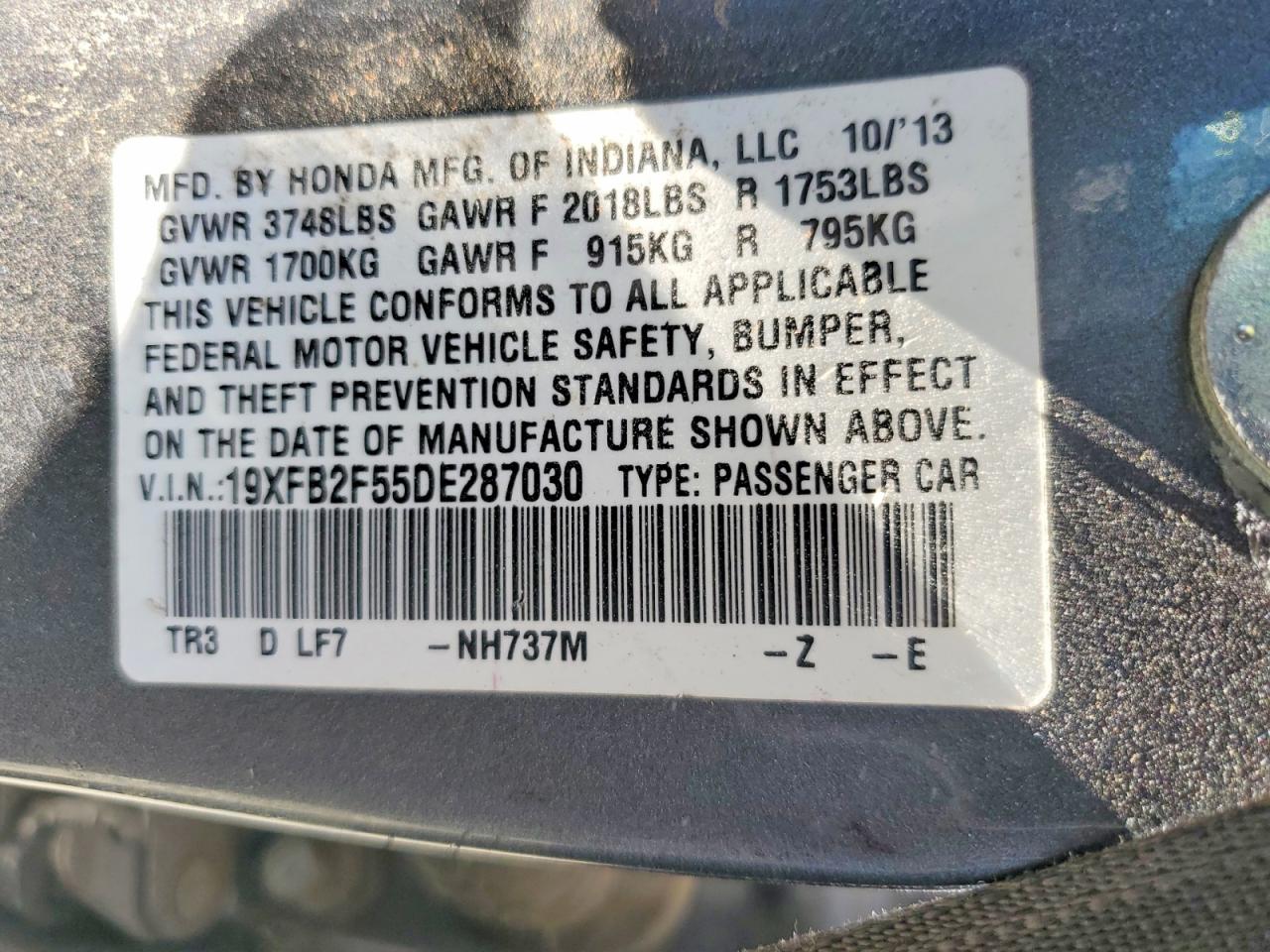 2013 Honda Civic Lx Gray vin: 19XFB2F55DE287030
