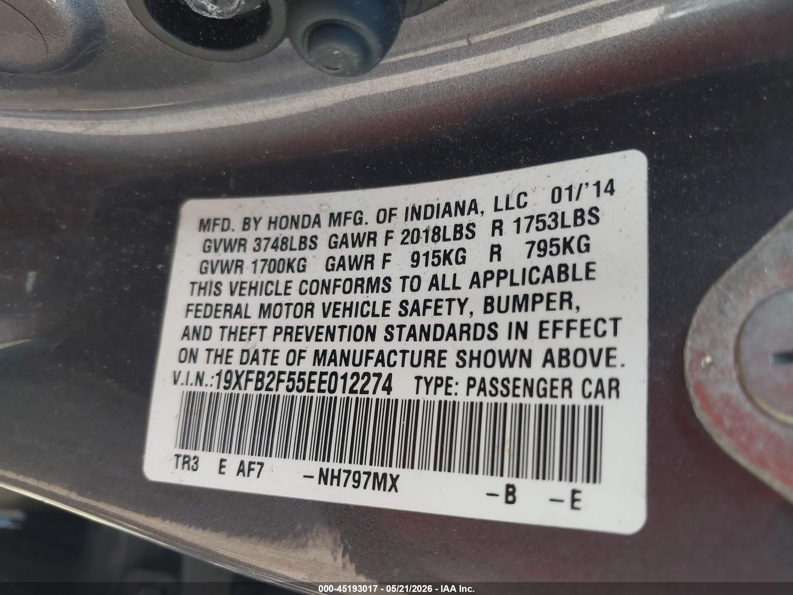 2014 Honda Civic Lx Gray vin: 19XFB2F55EE012274