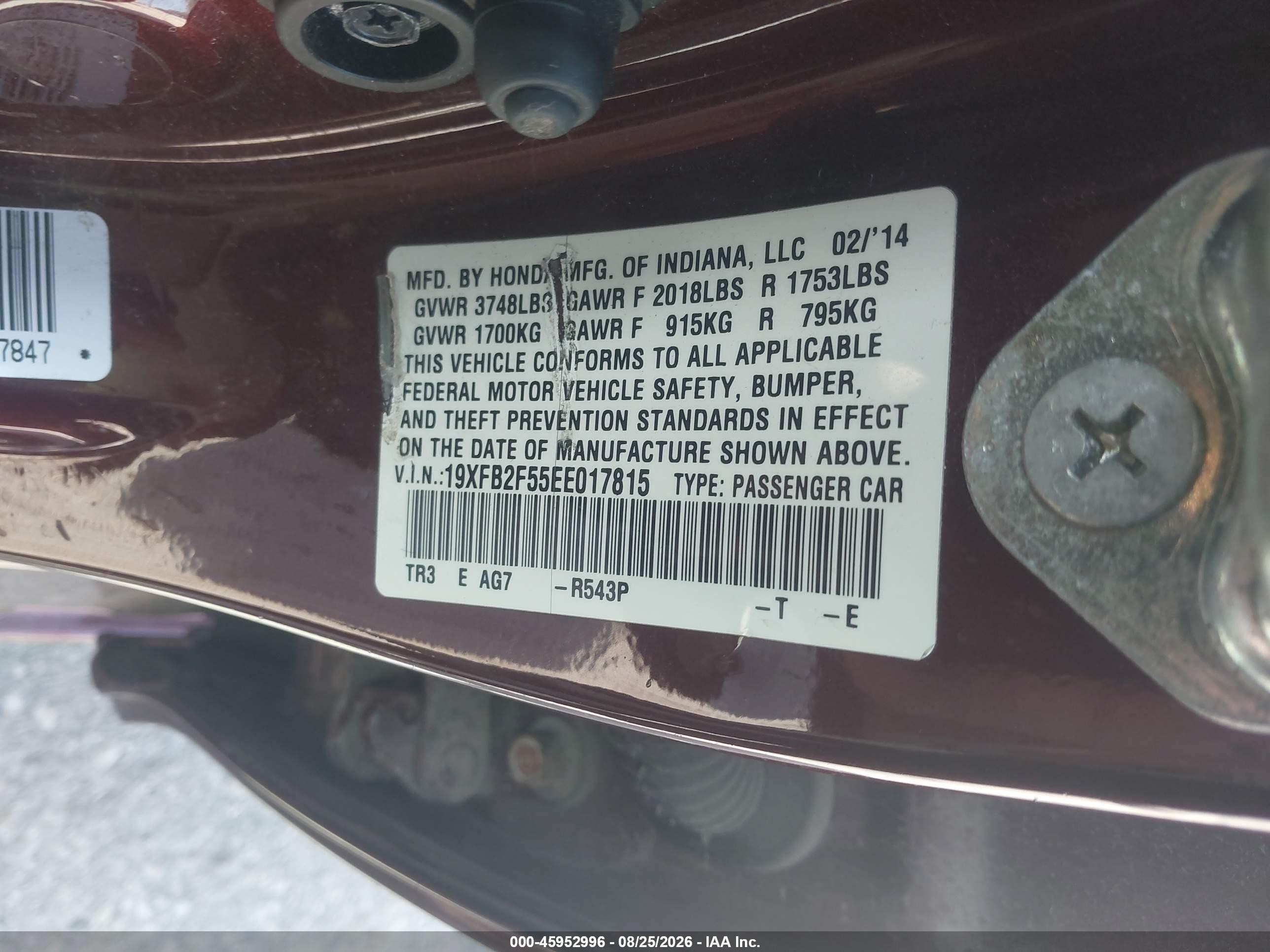2014 Honda Civic Lx Burgundy vin: 19XFB2F55EE017815