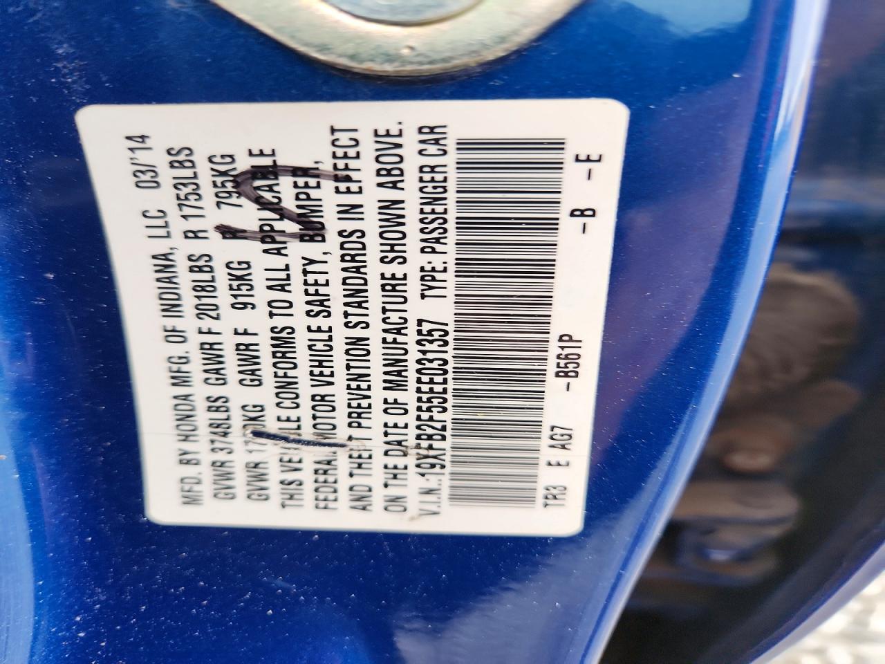 2014 Honda Civic Lx Blue vin: 19XFB2F55EE031357