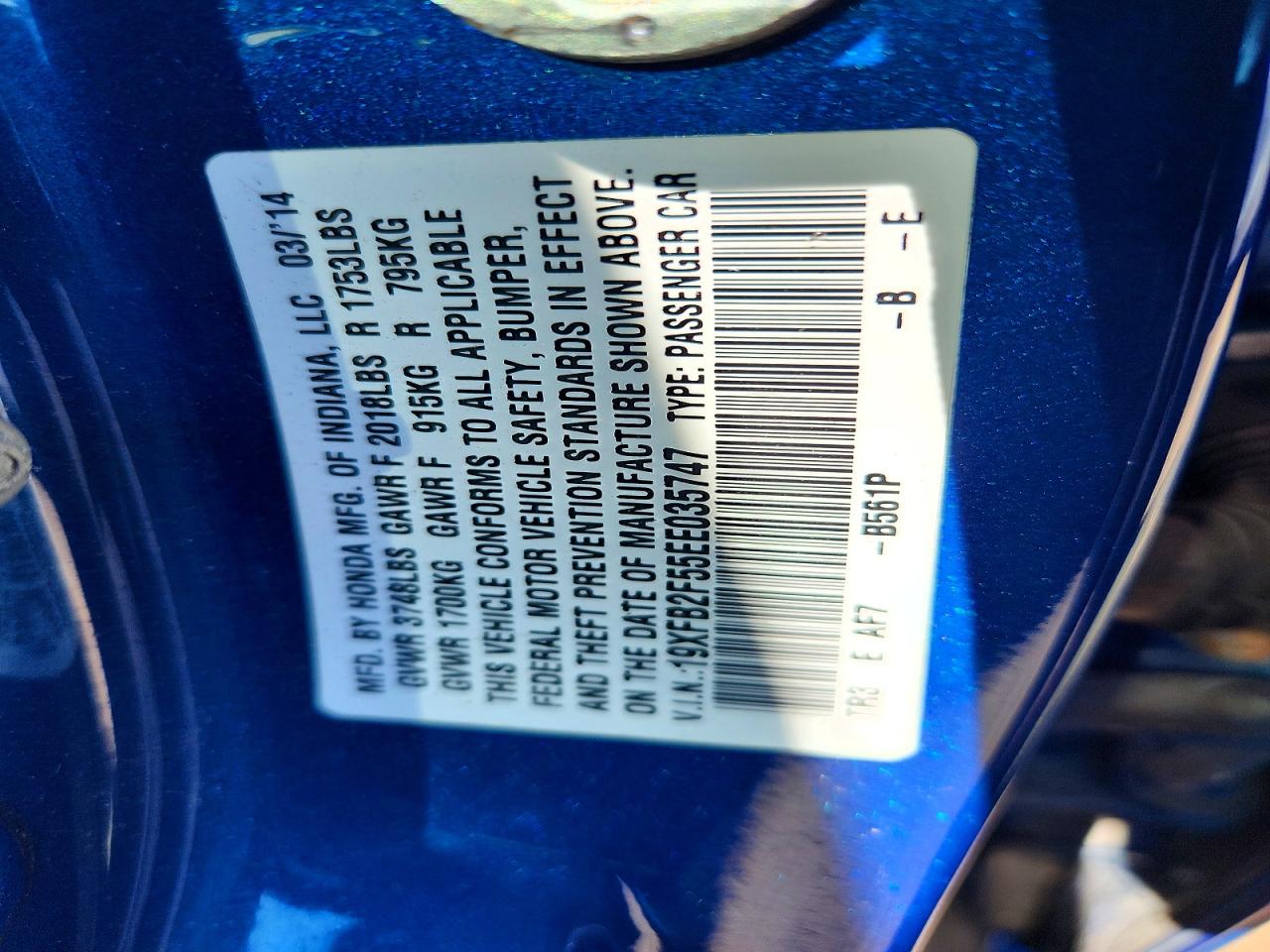 2014 Honda Civic Lx Blue vin: 19XFB2F55EE035747