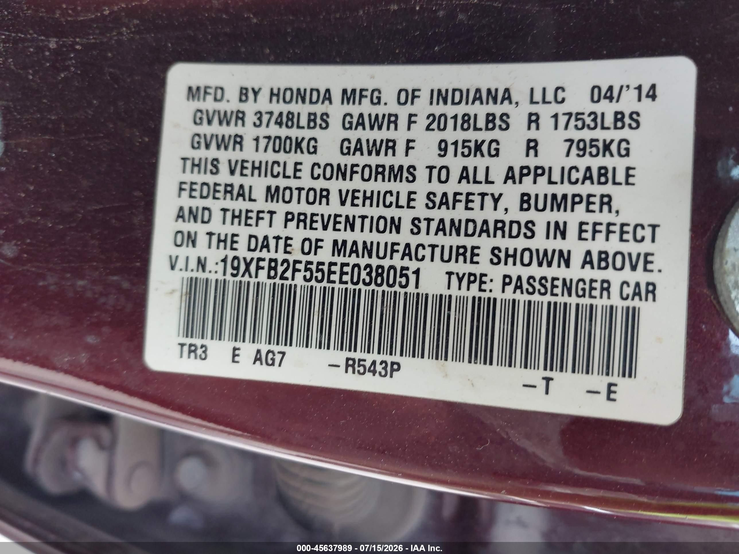 2014 Honda Civic Lx Maroon vin: 19XFB2F55EE038051