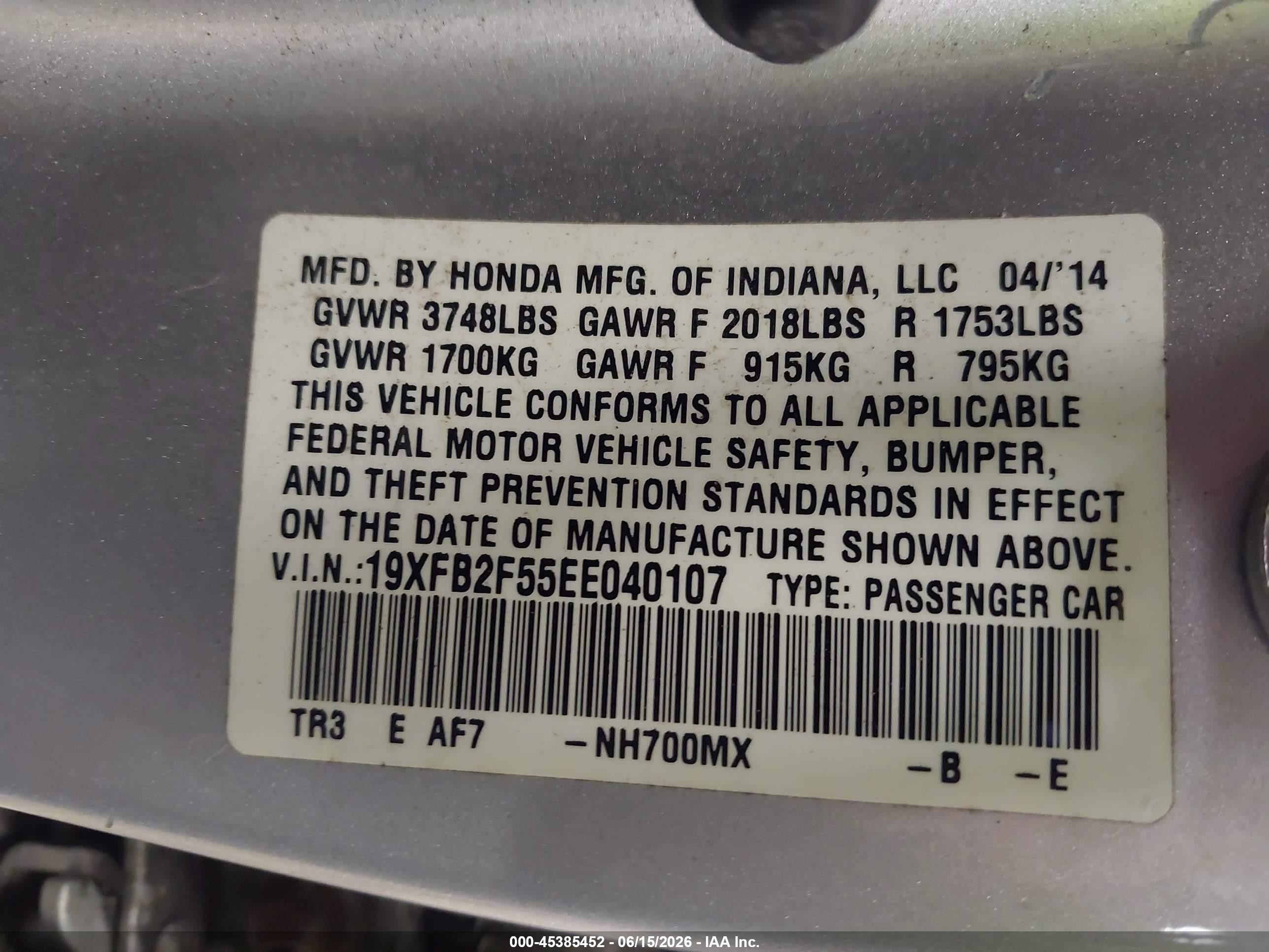 2014 Honda Civic Lx Silver vin: 19XFB2F55EE040107