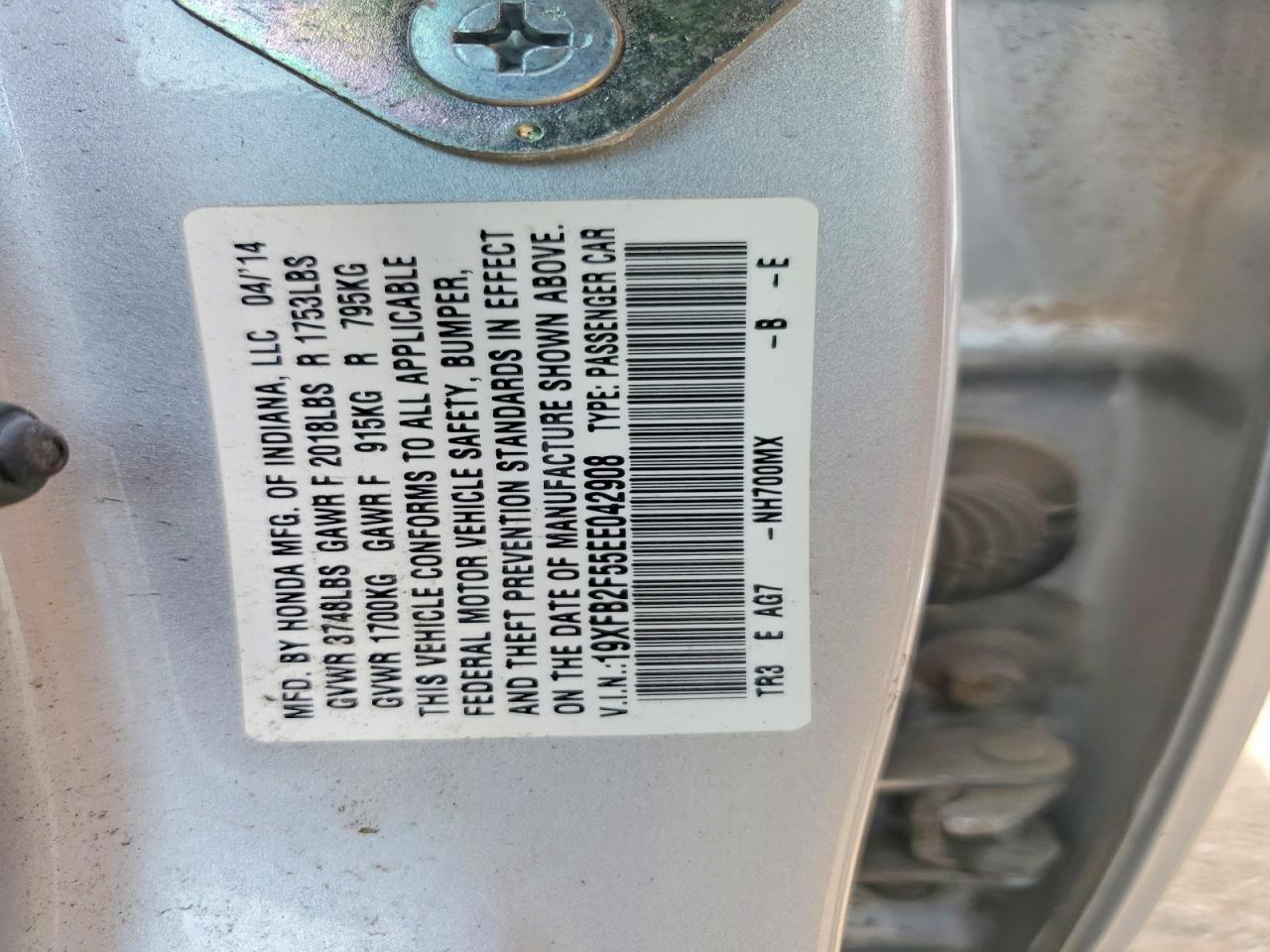 2014 Honda Civic Lx Серебряный vin: 19XFB2F55EE042908