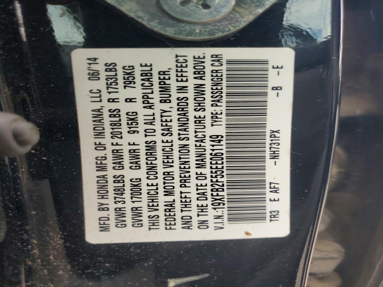 2014 Honda Civic Lx Black vin: 19XFB2F55EE061149