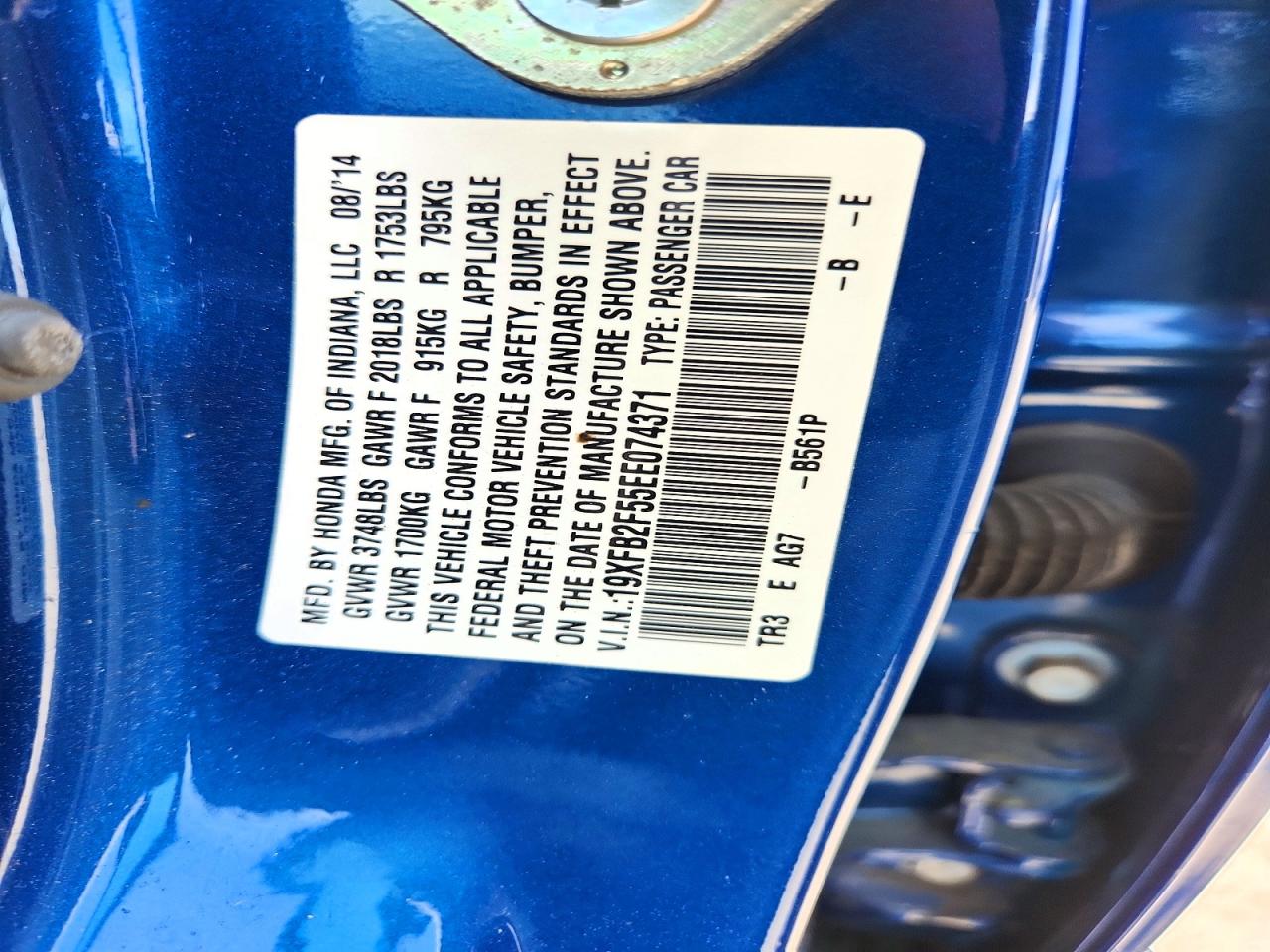 2014 Honda Civic Lx Blue vin: 19XFB2F55EE074371