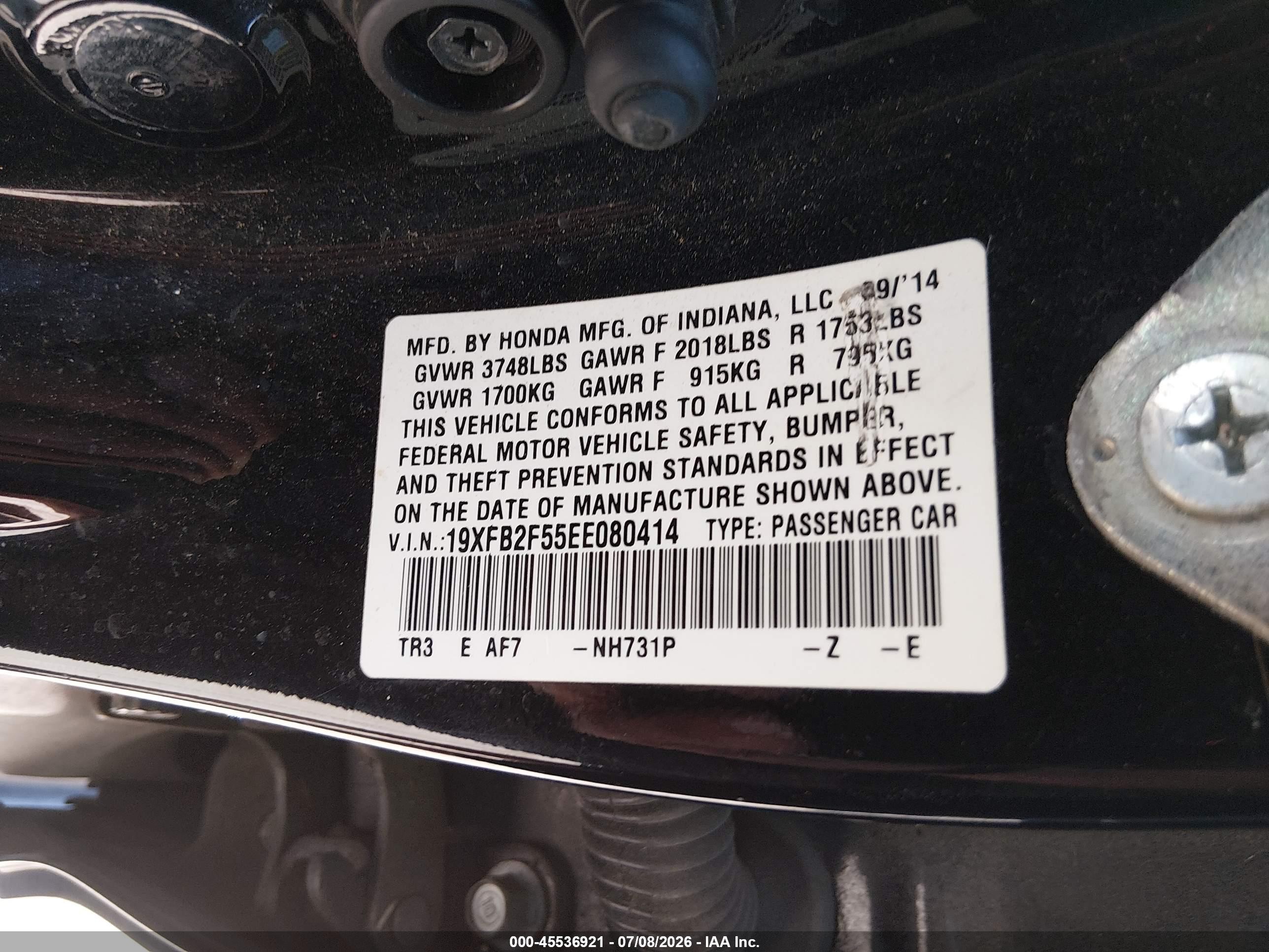 2014 Honda Civic Lx Черный vin: 19XFB2F55EE080414
