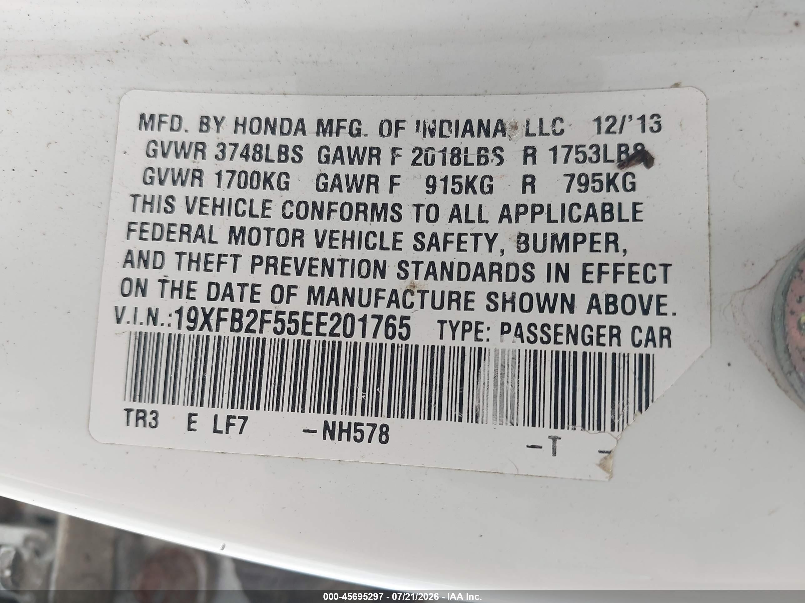 2014 Honda Civic Lx White vin: 19XFB2F55EE201765