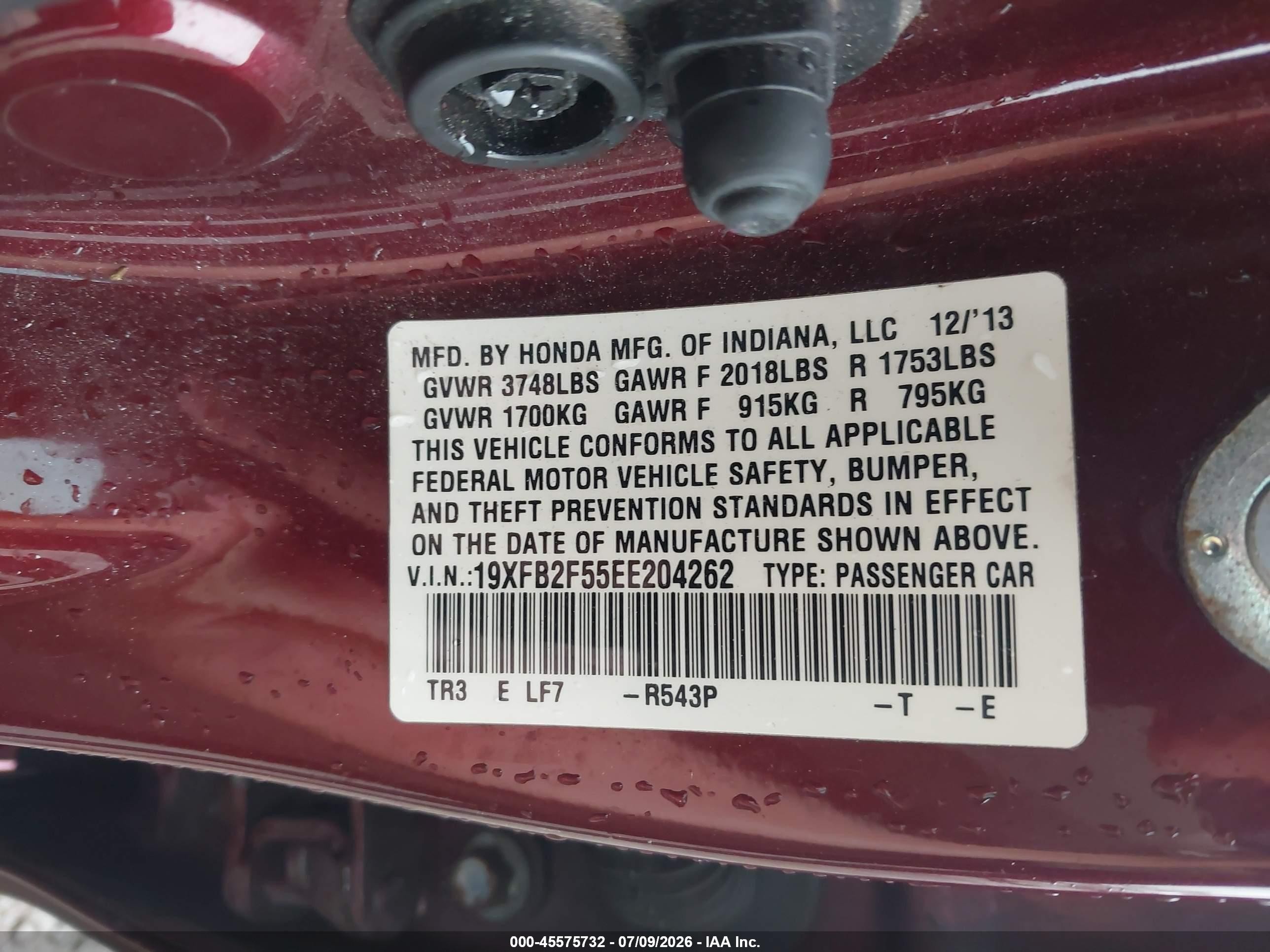 2014 Honda Civic Lx Maroon vin: 19XFB2F55EE204262