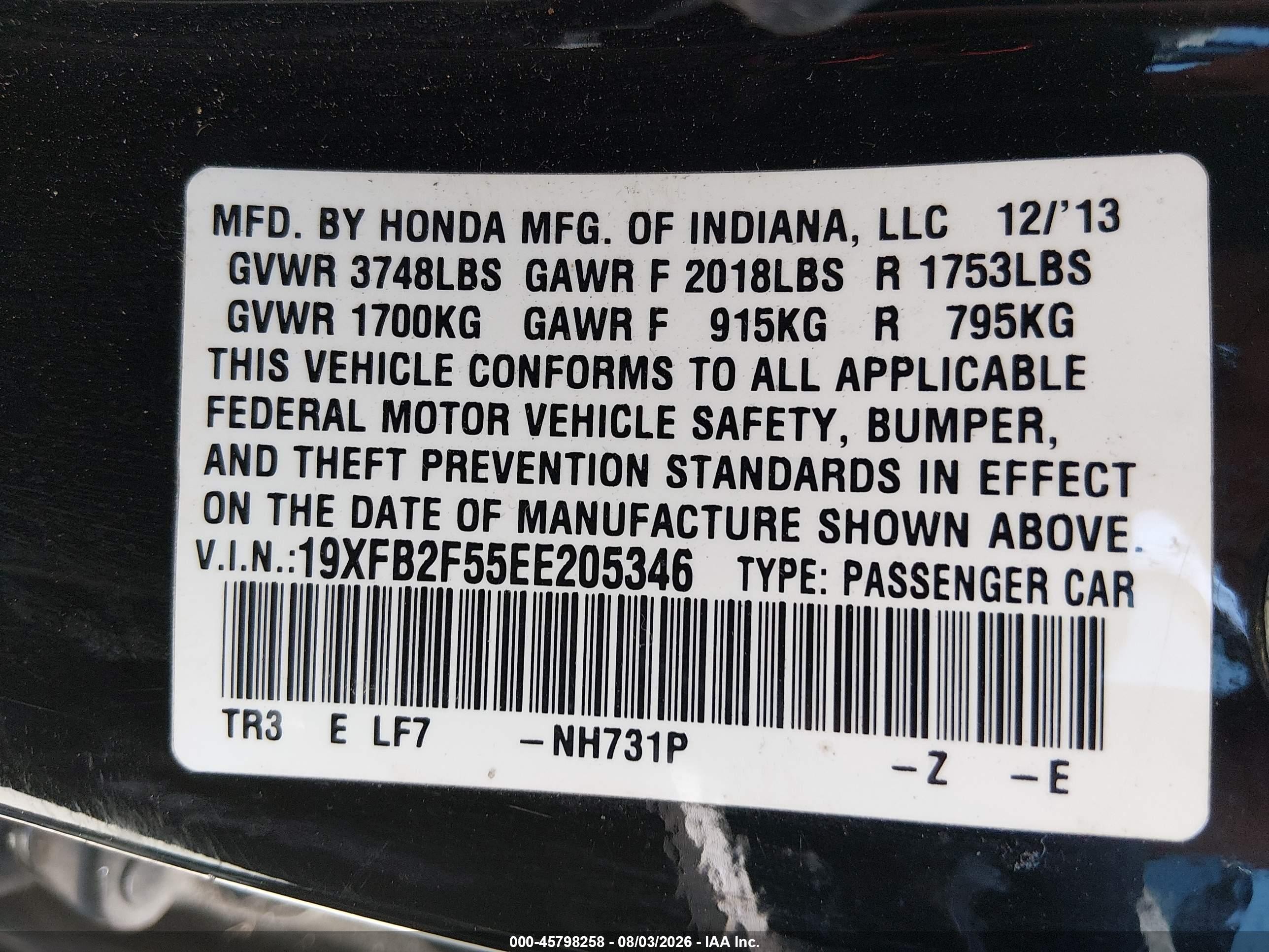 2014 Honda Civic Lx Black vin: 19XFB2F55EE205346