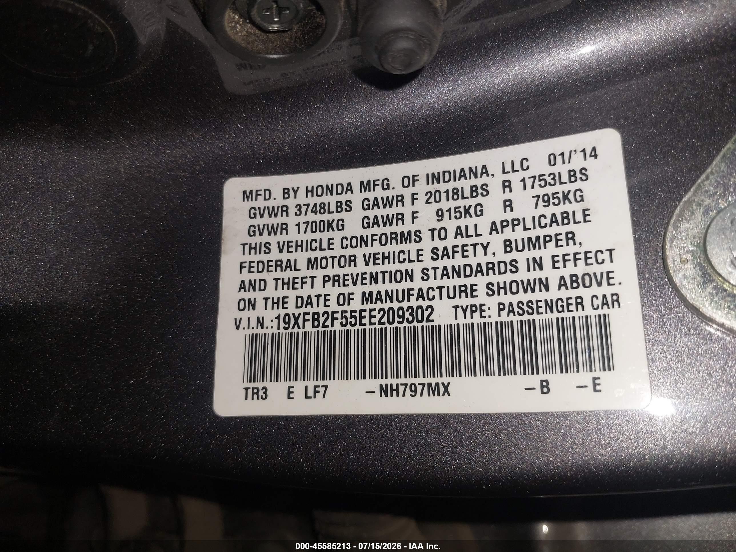 2014 Honda Civic Lx Gray vin: 19XFB2F55EE209302