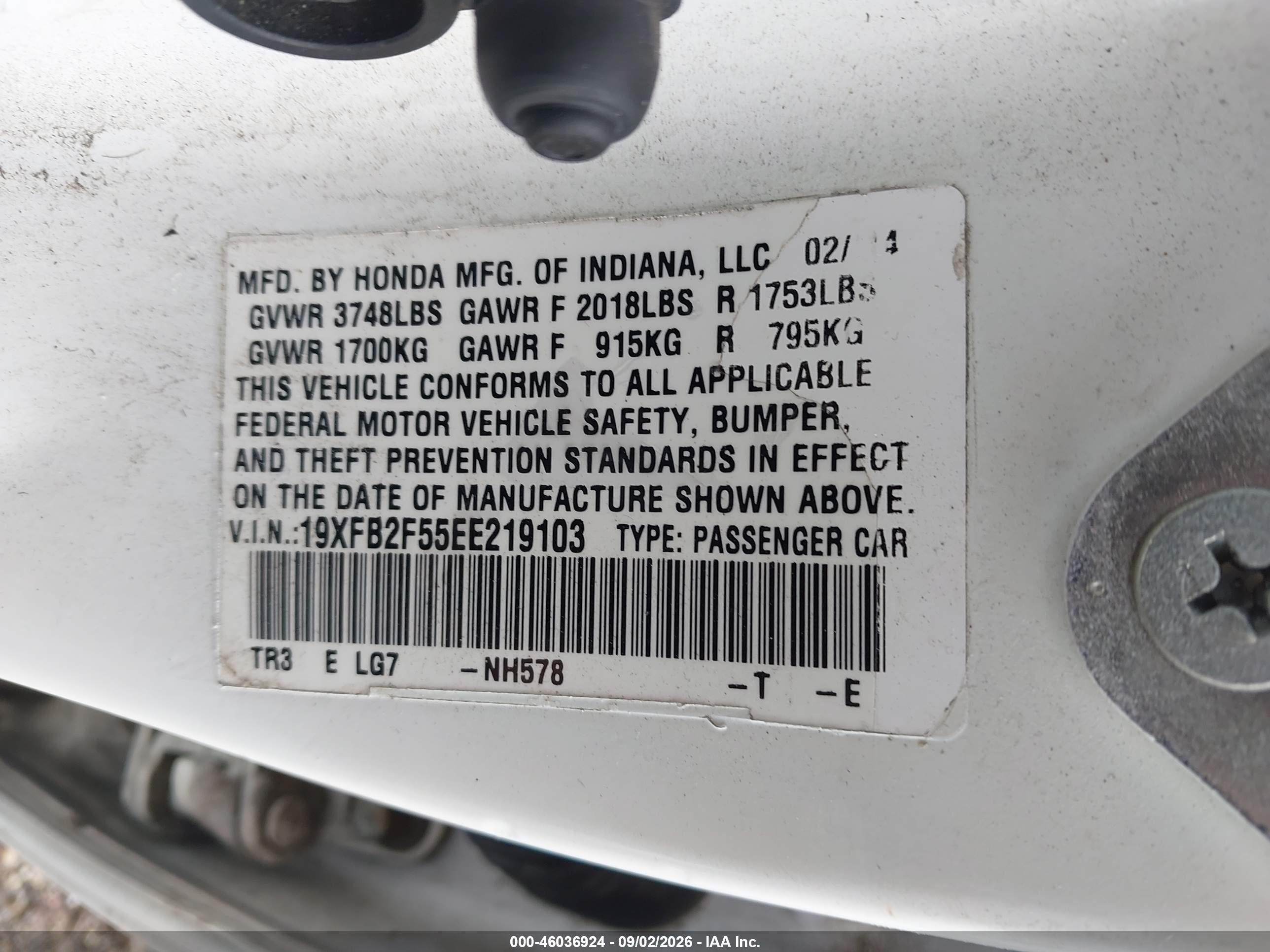 2014 Honda Civic Lx White vin: 19XFB2F55EE219103