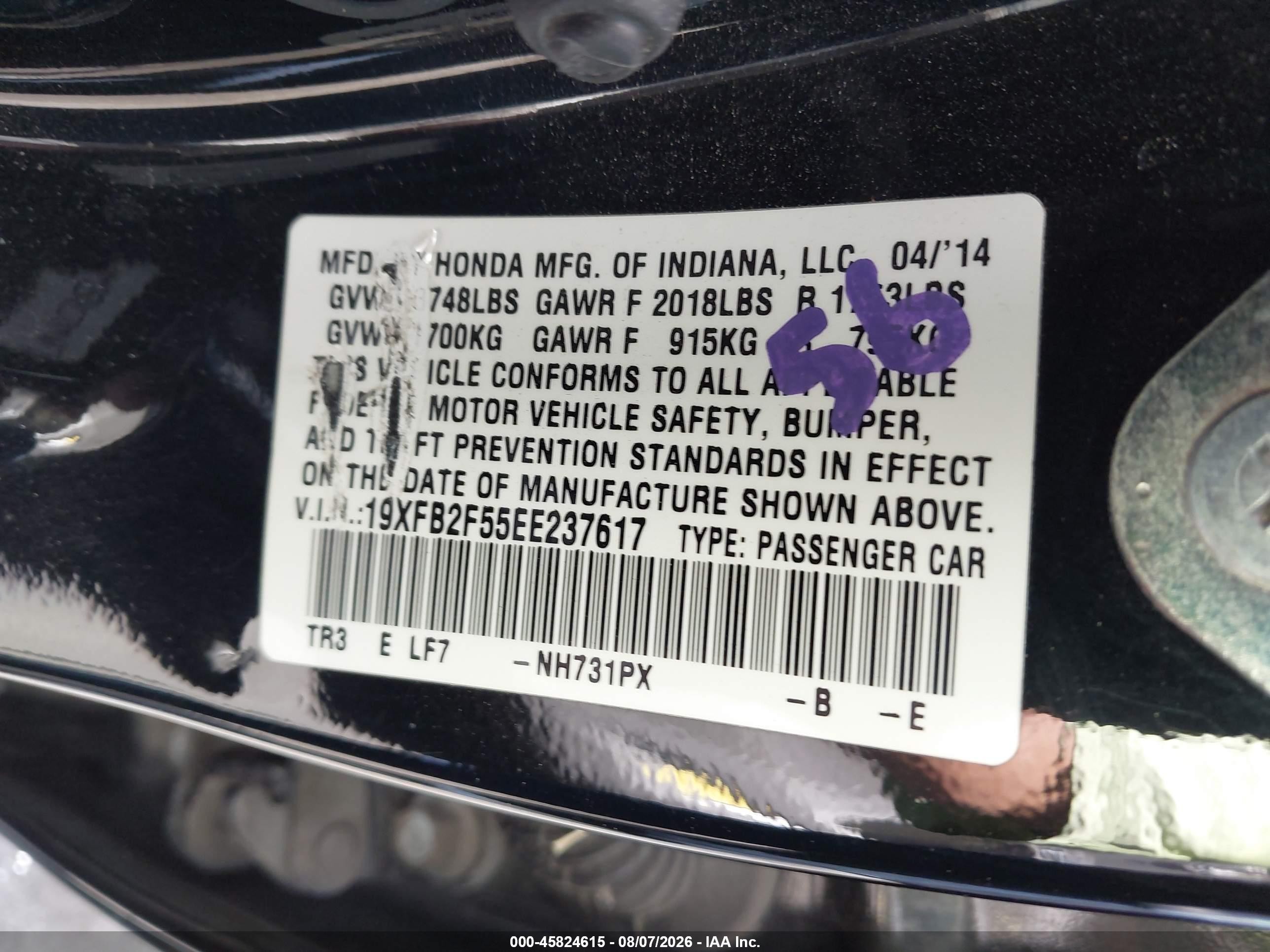 2014 Honda Civic Lx Black vin: 19XFB2F55EE237617