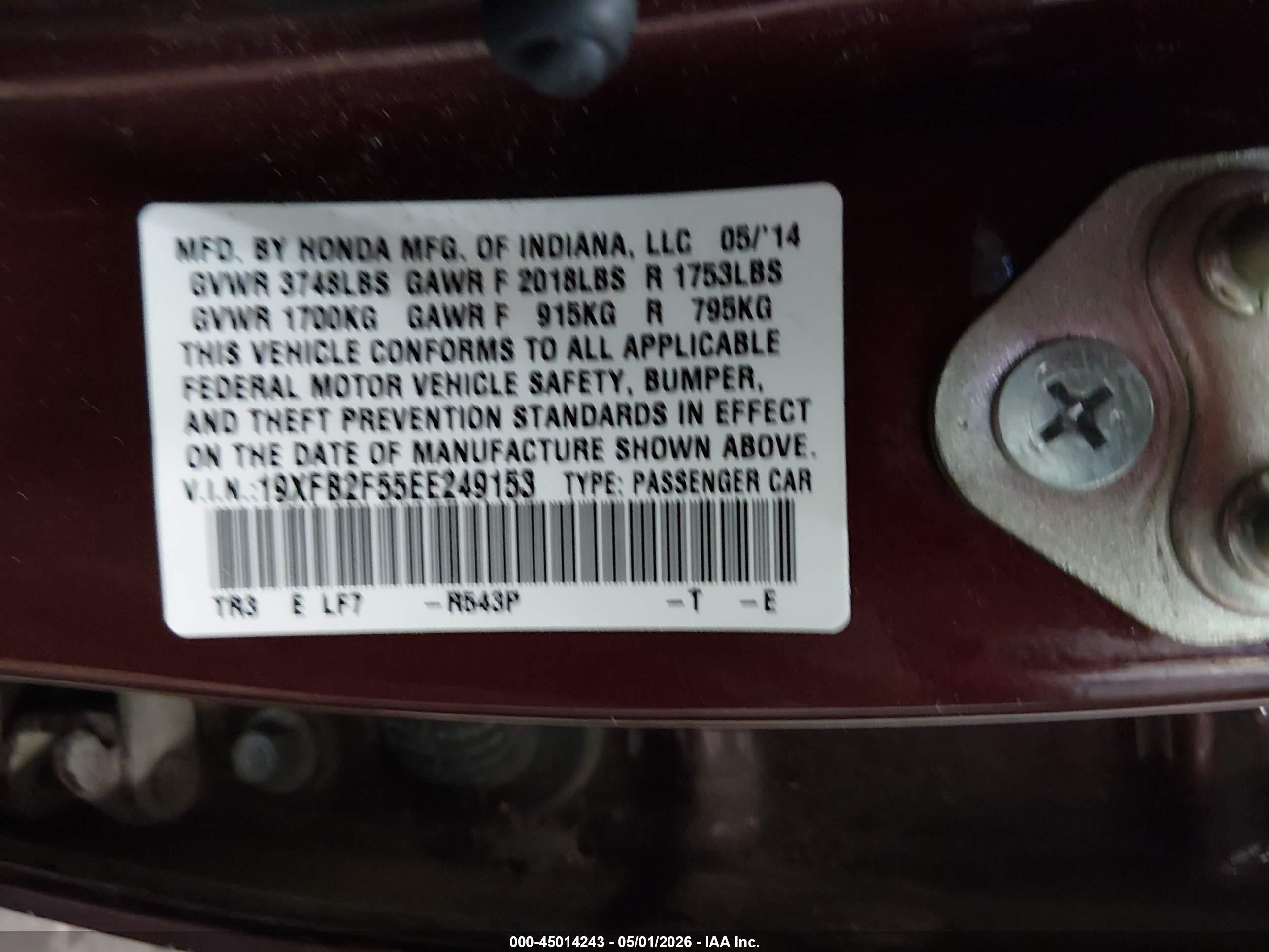 2014 Honda Civic Lx Maroon vin: 19XFB2F55EE249153