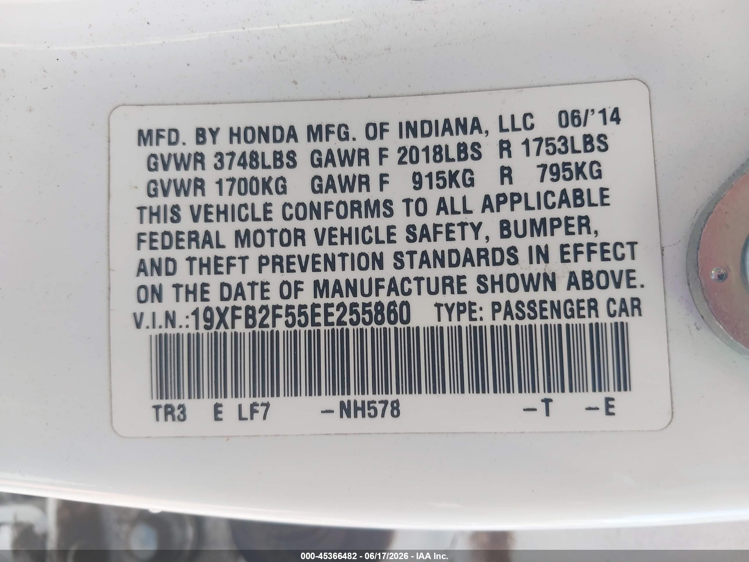 2014 Honda Civic Lx White vin: 19XFB2F55EE255860