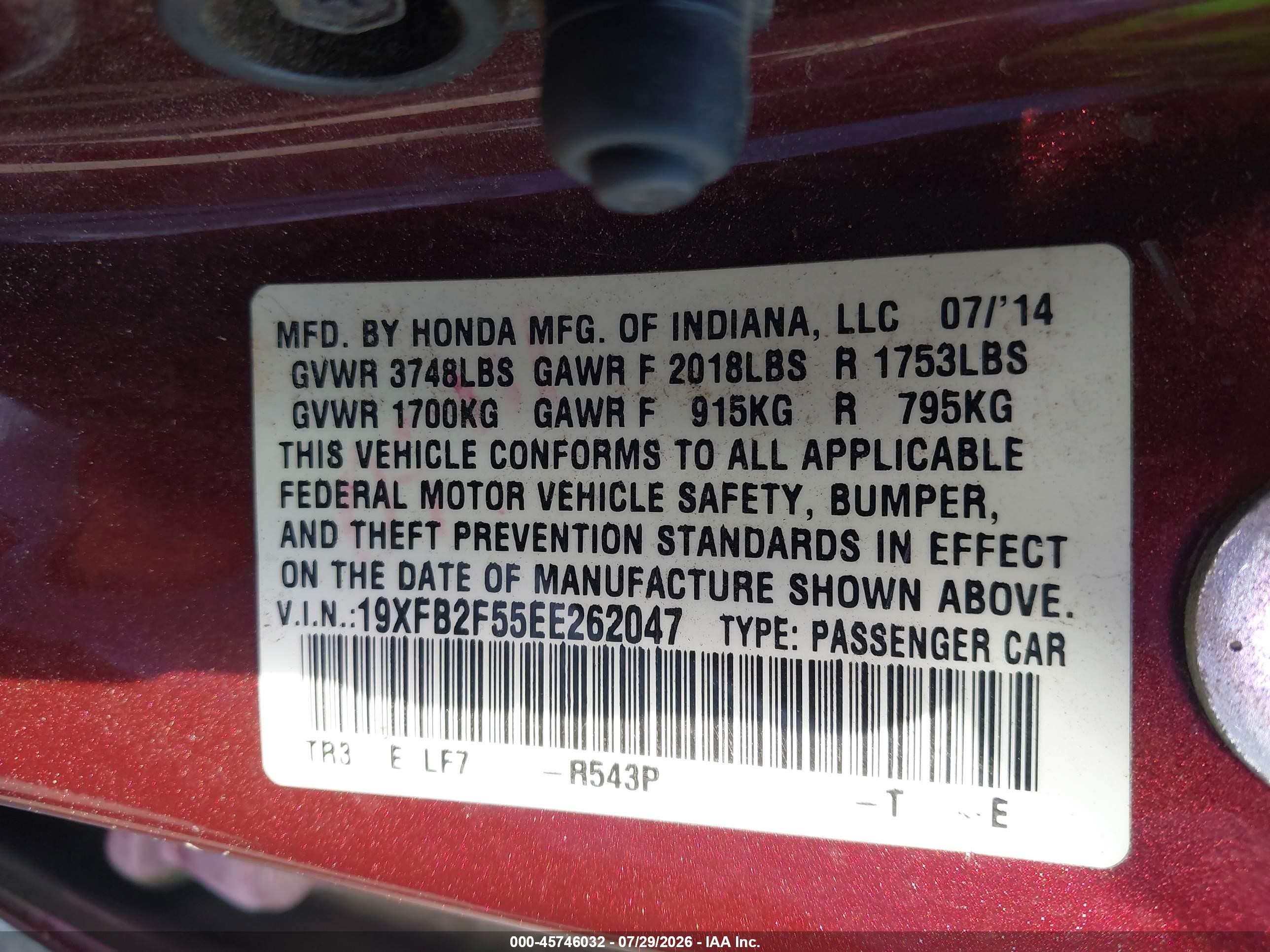 2014 Honda Civic Lx Burgundy vin: 19XFB2F55EE262047