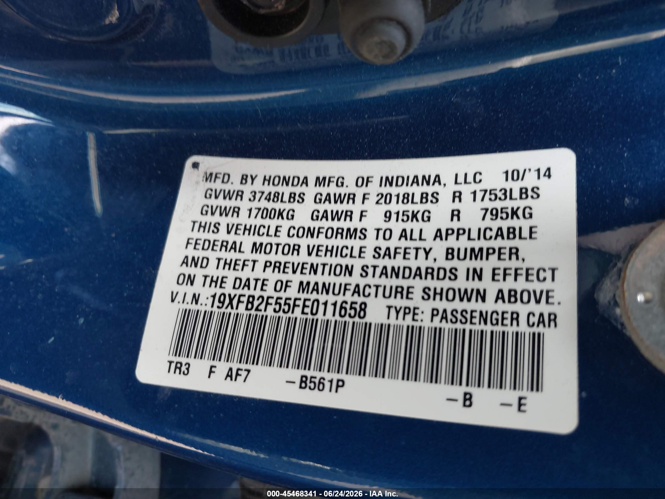 2015 Honda Civic Lx Blue vin: 19XFB2F55FE011658
