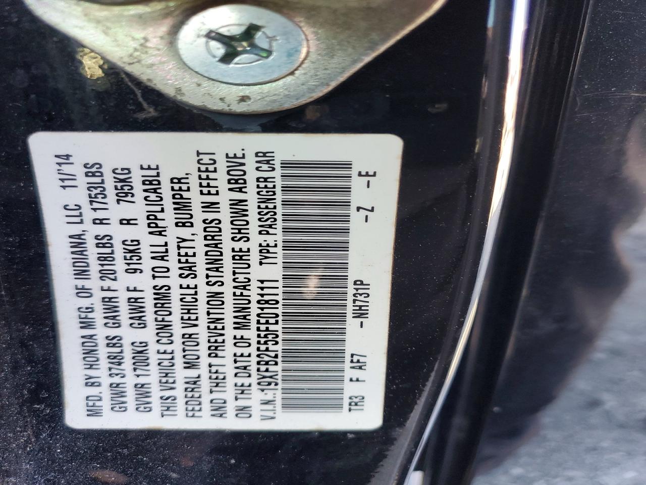 2015 Honda Civic Lx Black vin: 19XFB2F55FE018111