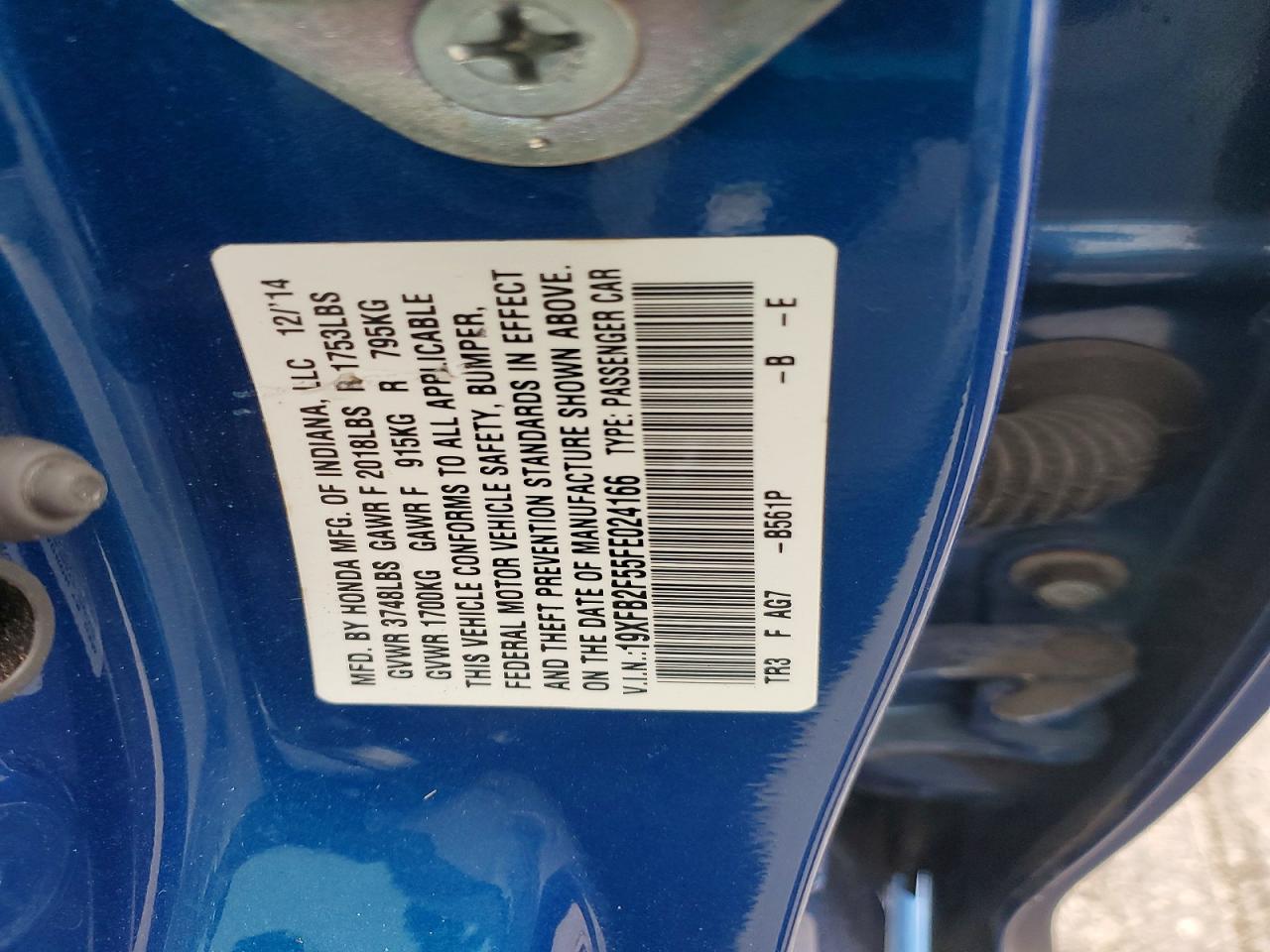 2015 Honda Civic Lx Blue vin: 19XFB2F55FE024166