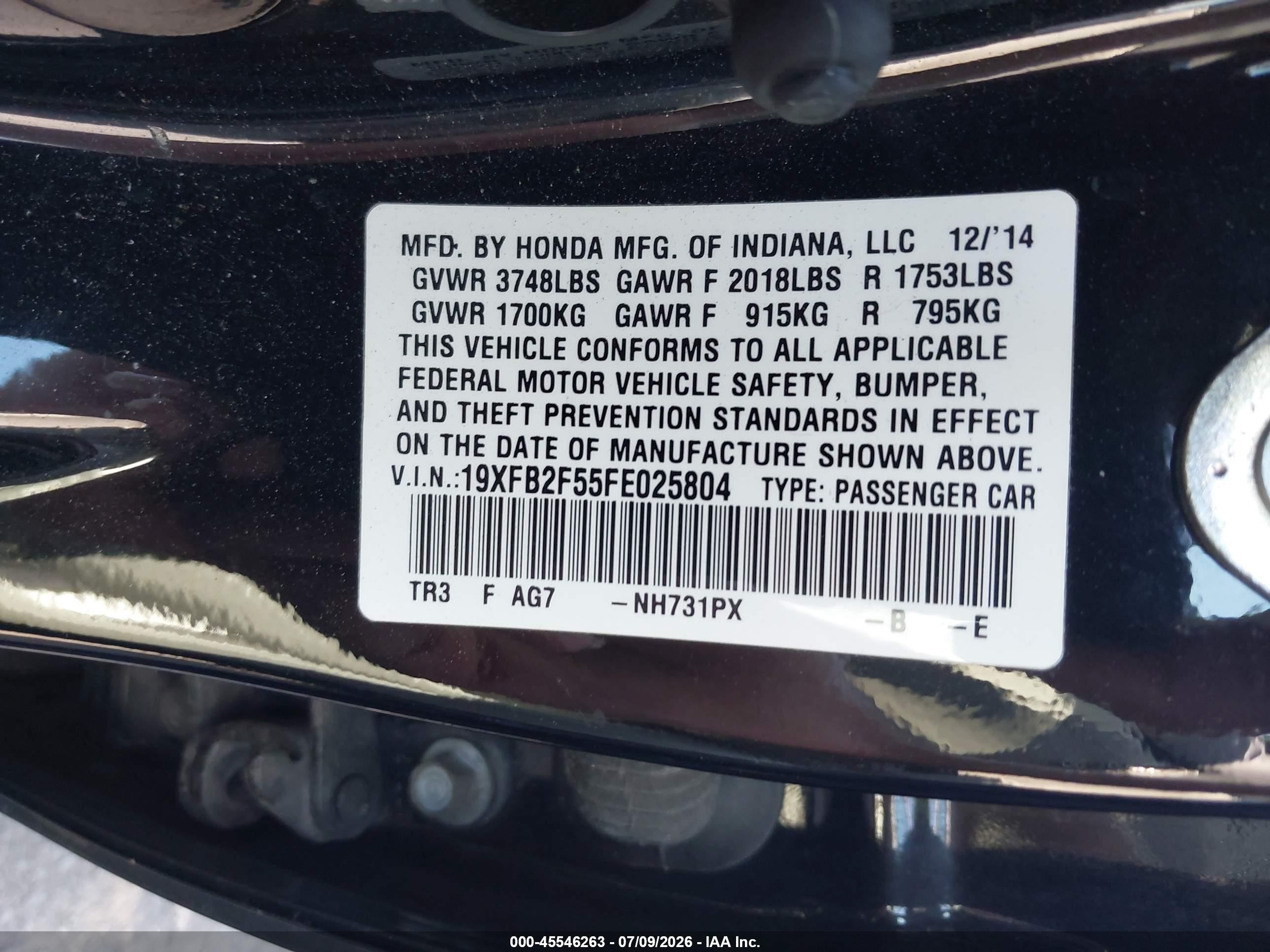 2015 Honda Civic Lx Black vin: 19XFB2F55FE025804