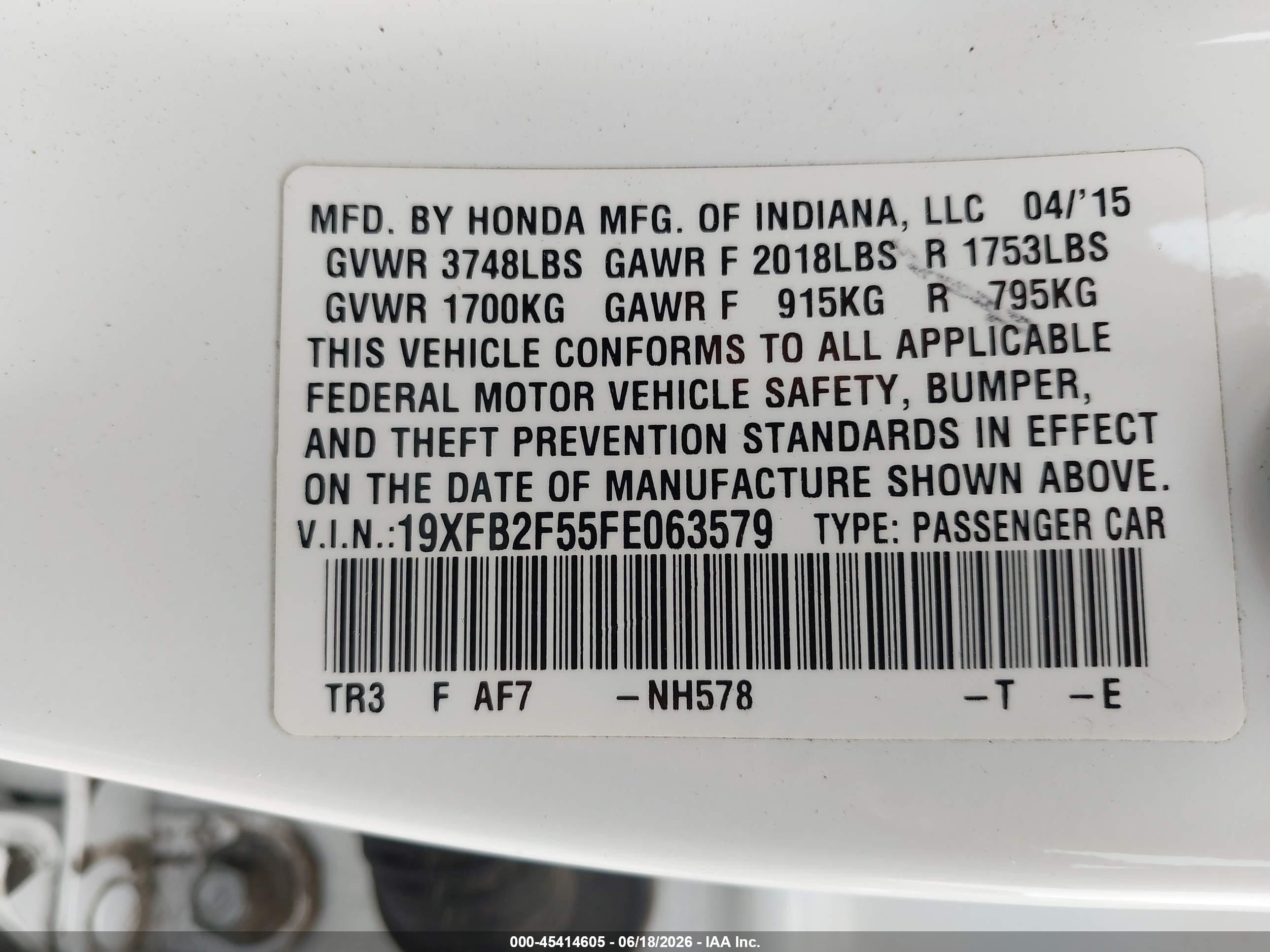 2015 Honda Civic Lx White vin: 19XFB2F55FE063579