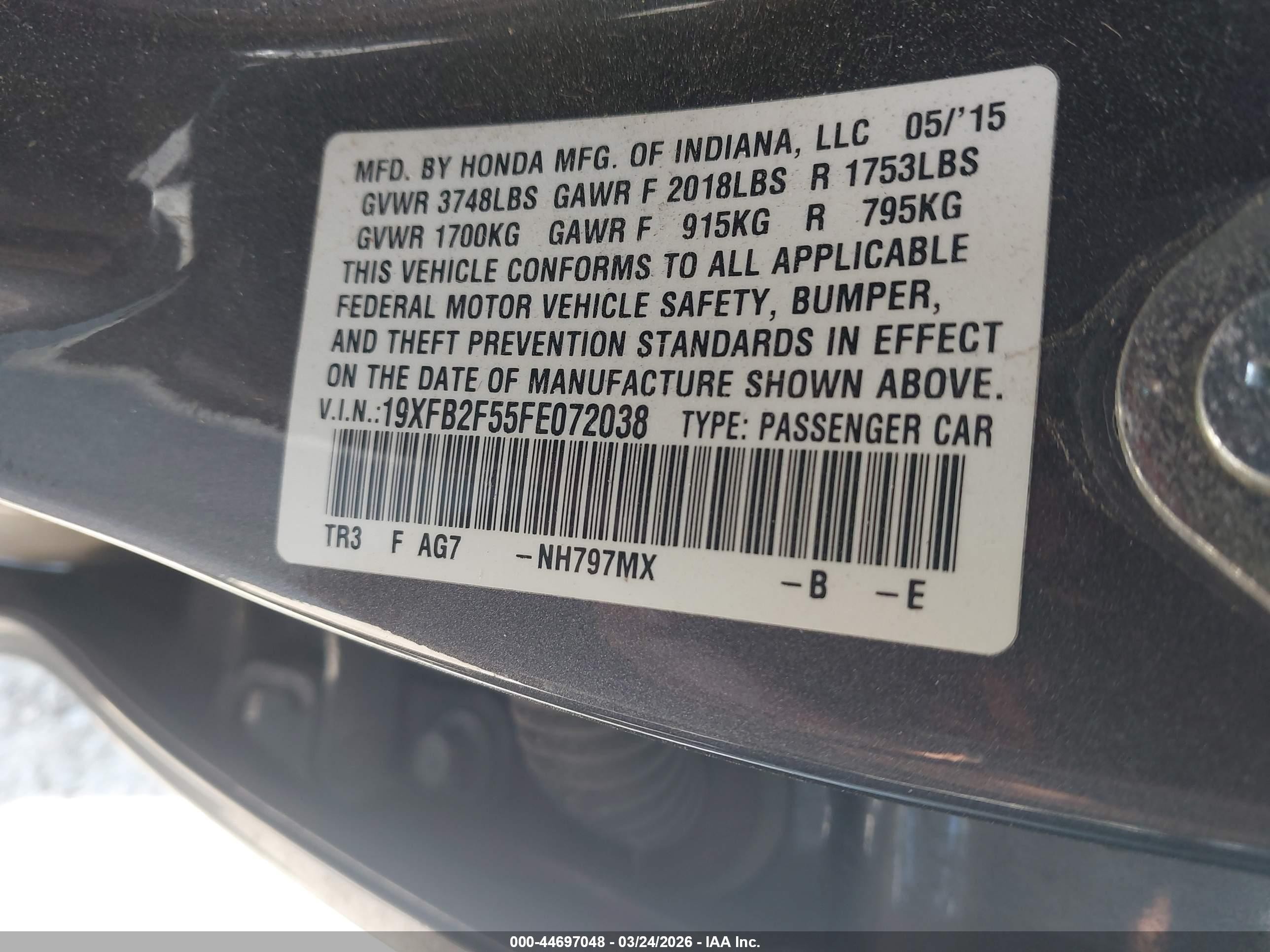 2015 Honda Civic Lx Gray vin: 19XFB2F55FE072038