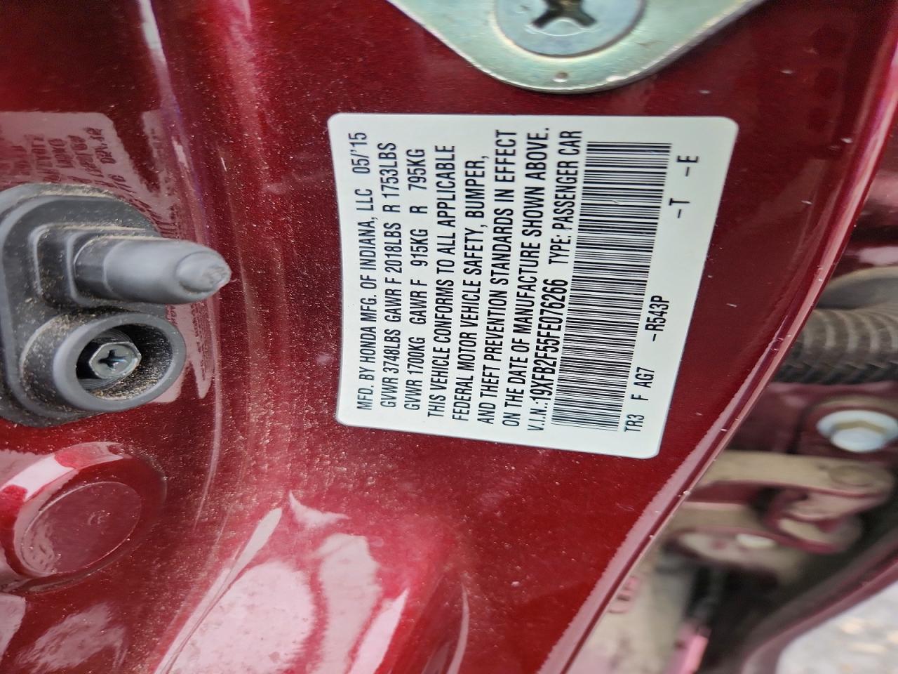 2015 Honda Civic Lx Burgundy vin: 19XFB2F55FE076266