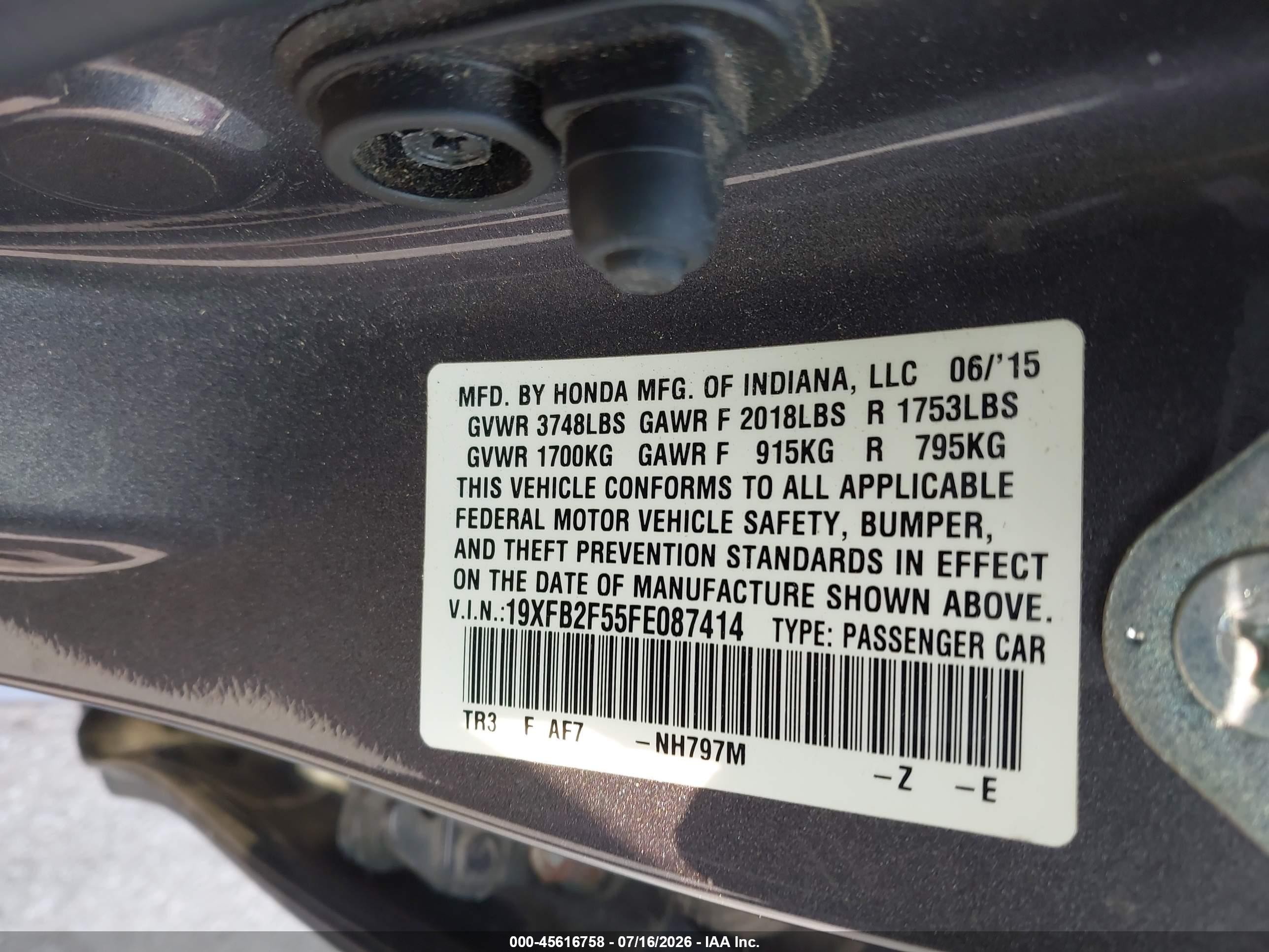 2015 Honda Civic Lx Gray vin: 19XFB2F55FE087414
