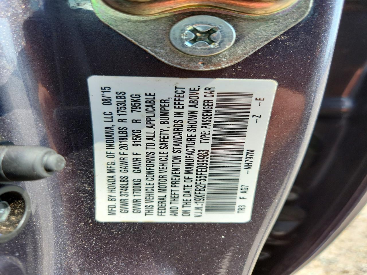 2015 Honda Civic Lx Серый vin: 19XFB2F55FE099983