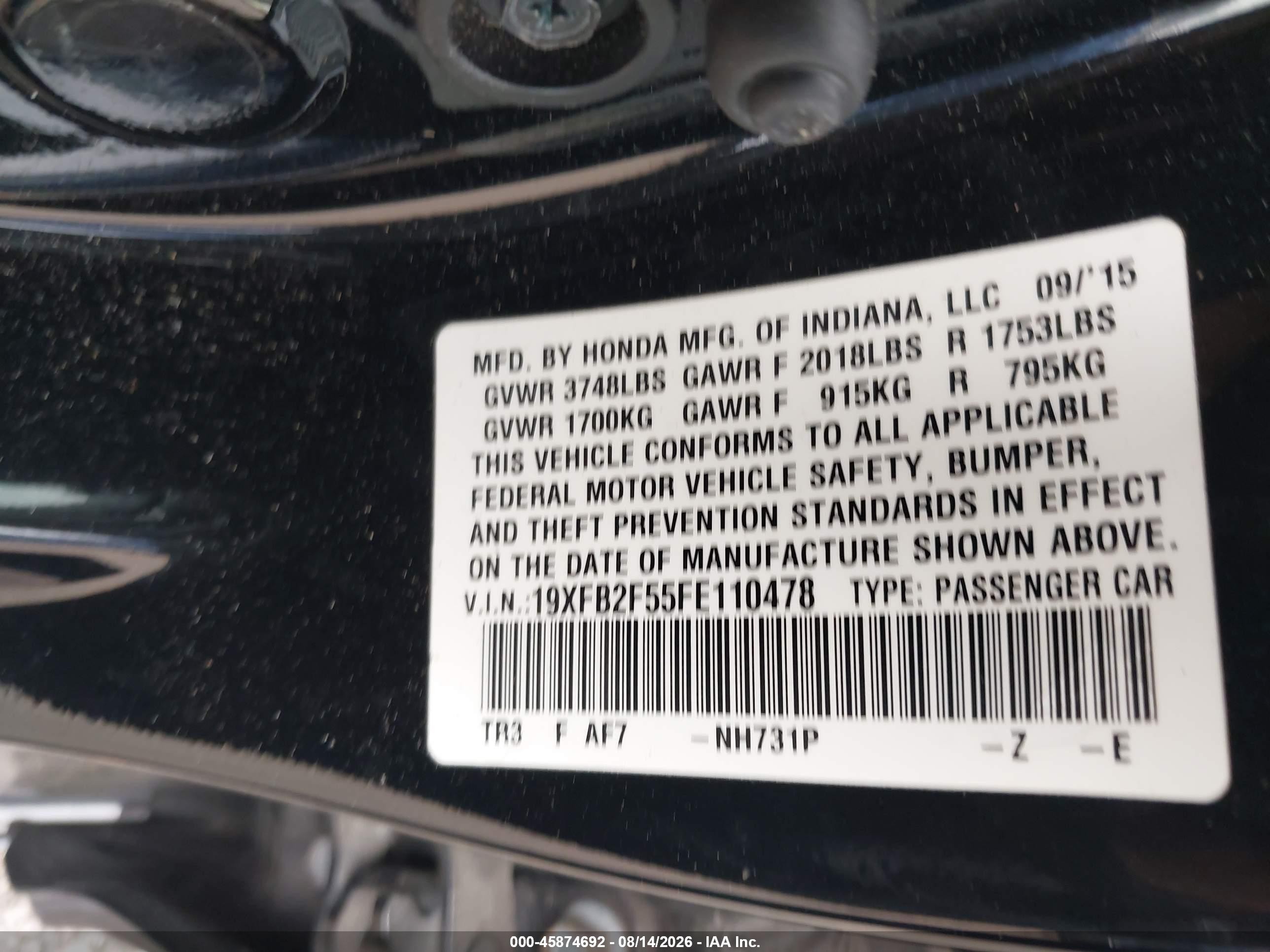 2015 Honda Civic Lx Black vin: 19XFB2F55FE110478