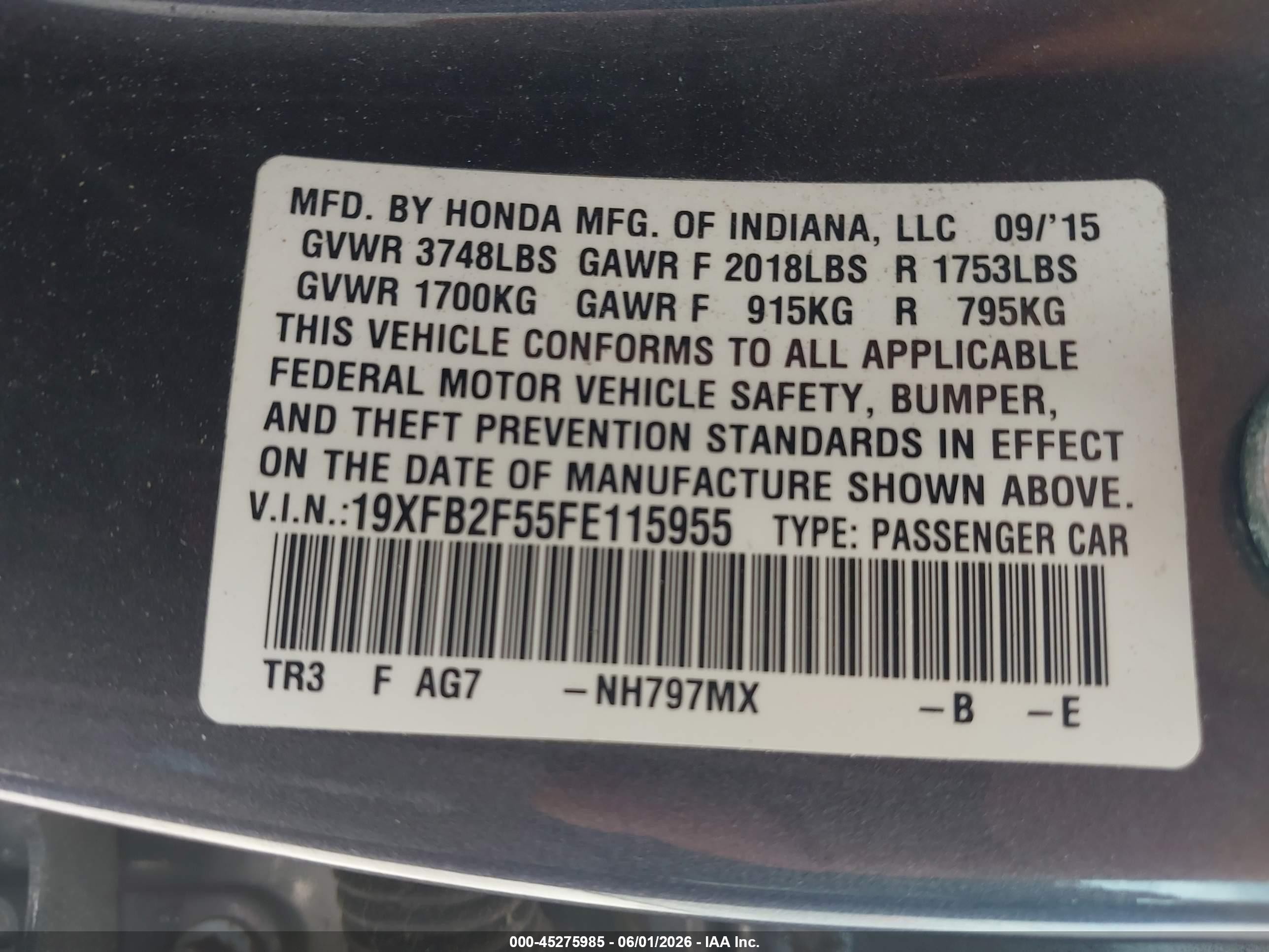 2015 Honda Civic Lx Gray vin: 19XFB2F55FE115955