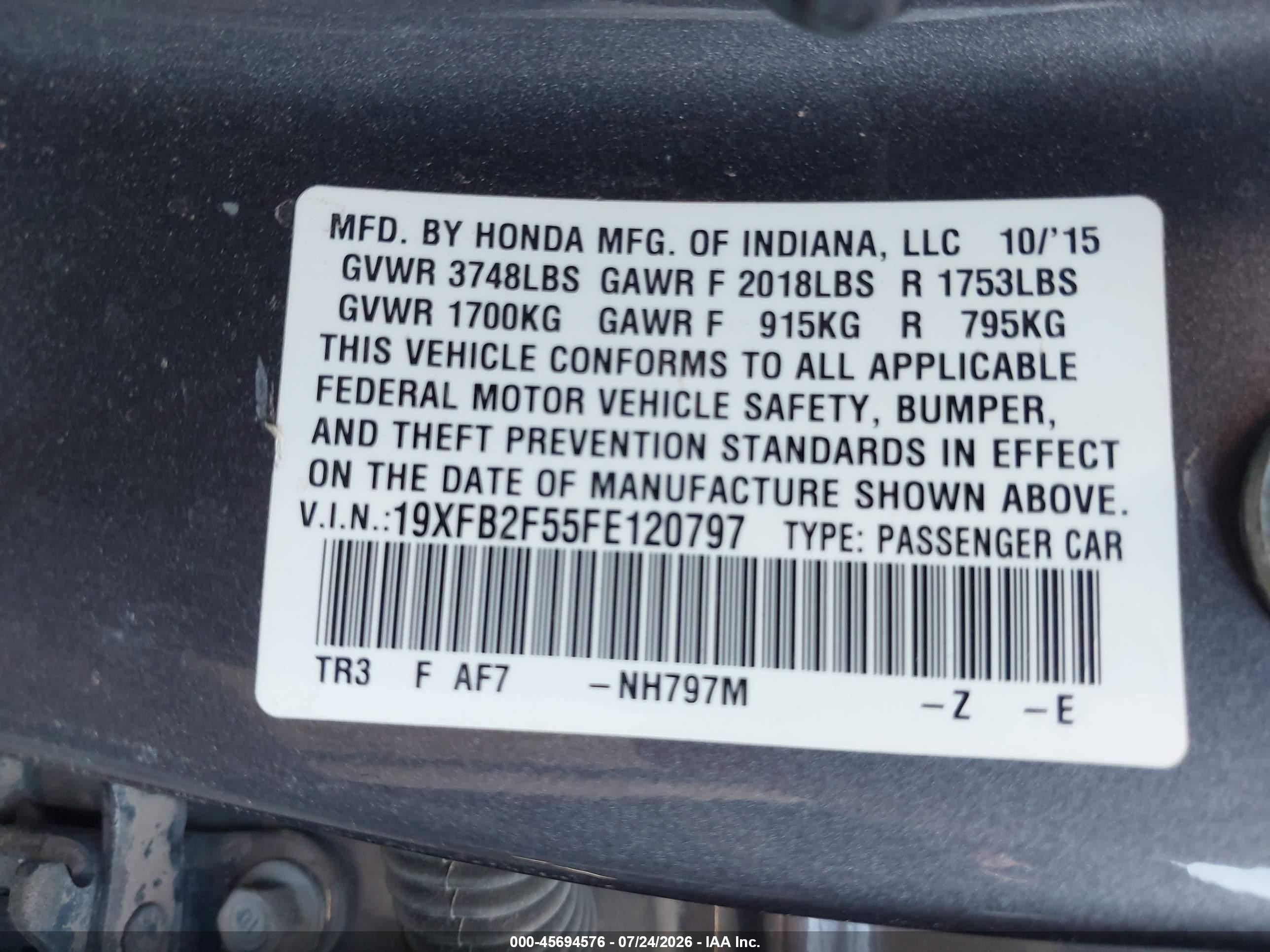 2015 Honda Civic Lx Gray vin: 19XFB2F55FE120797