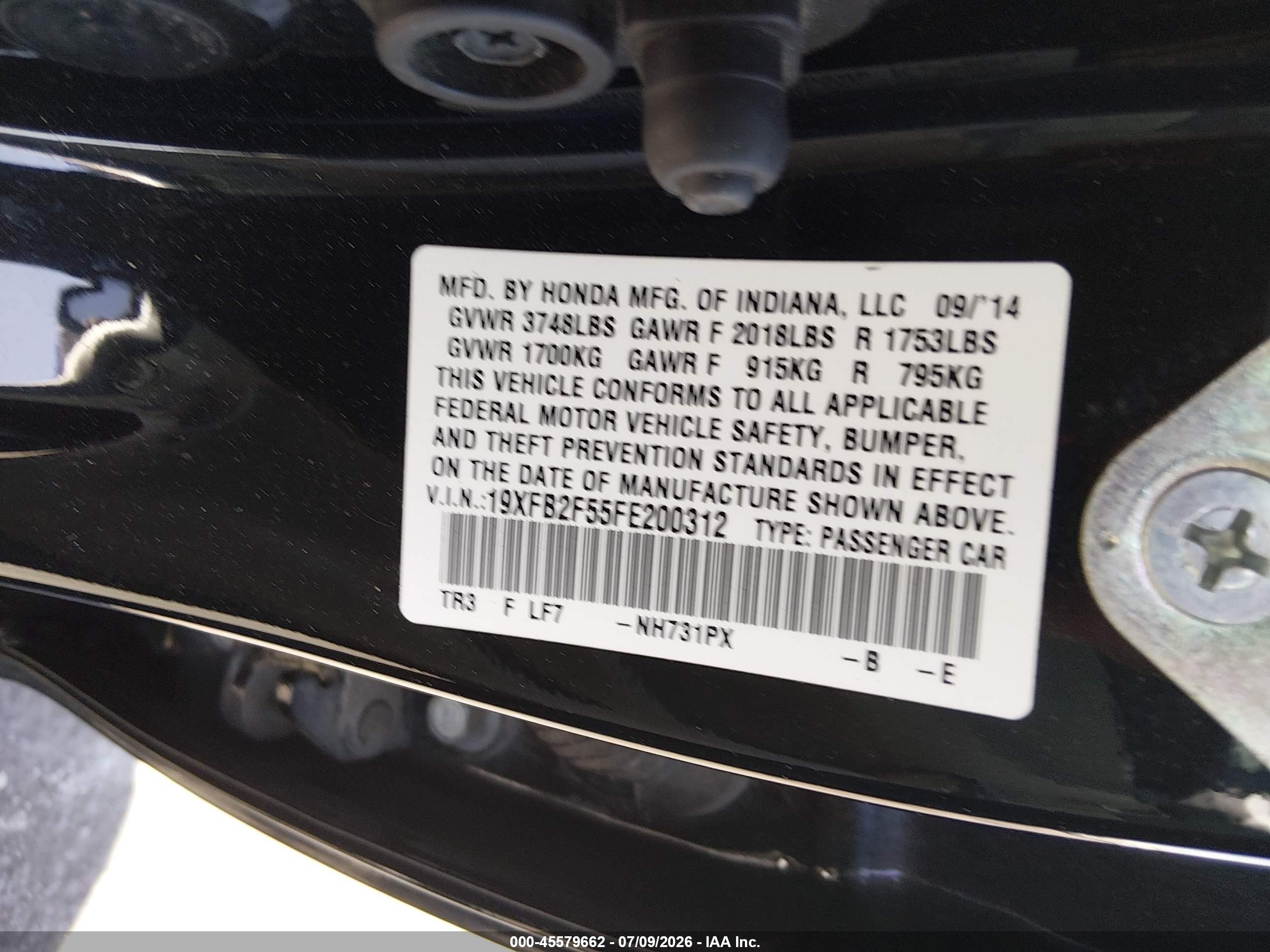 2015 Honda Civic Lx Black vin: 19XFB2F55FE200312