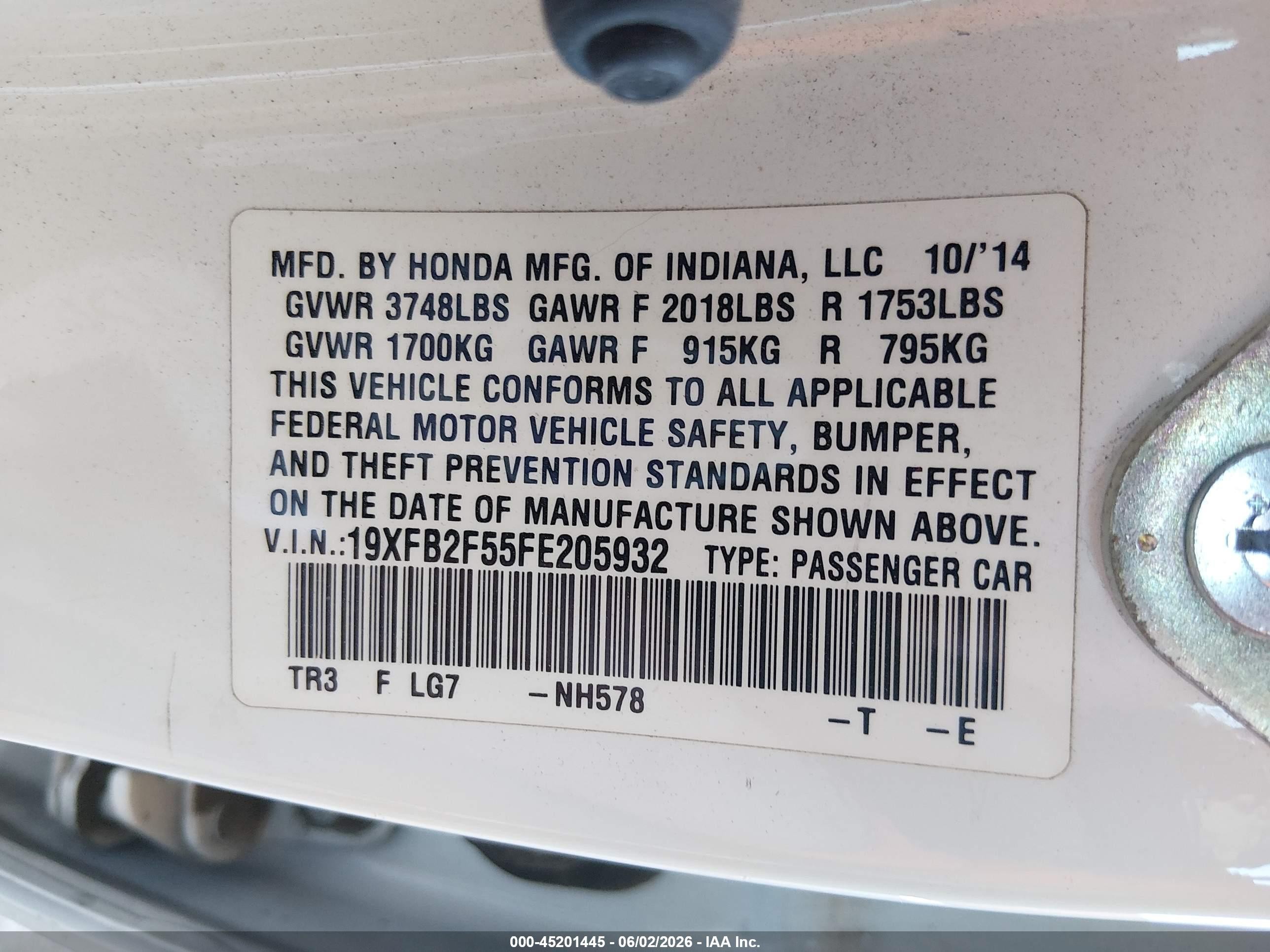 2015 Honda Civic Lx White vin: 19XFB2F55FE205932
