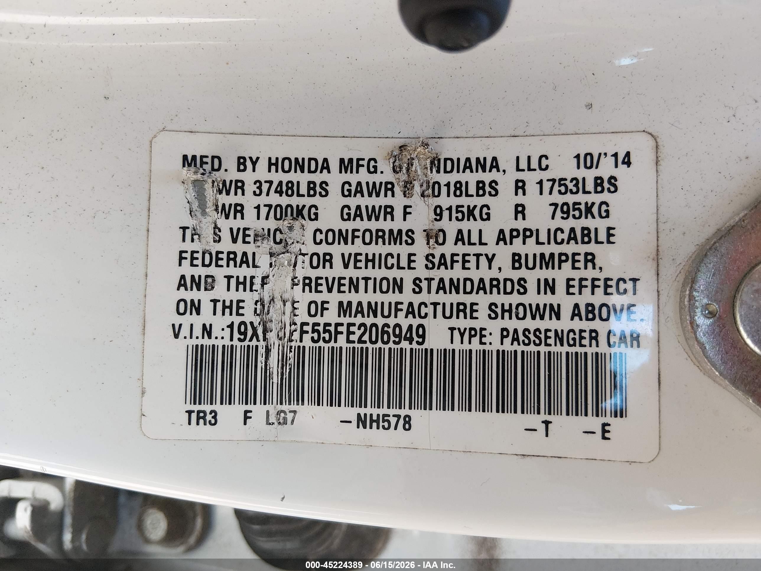2015 Honda Civic Lx White vin: 19XFB2F55FE206949