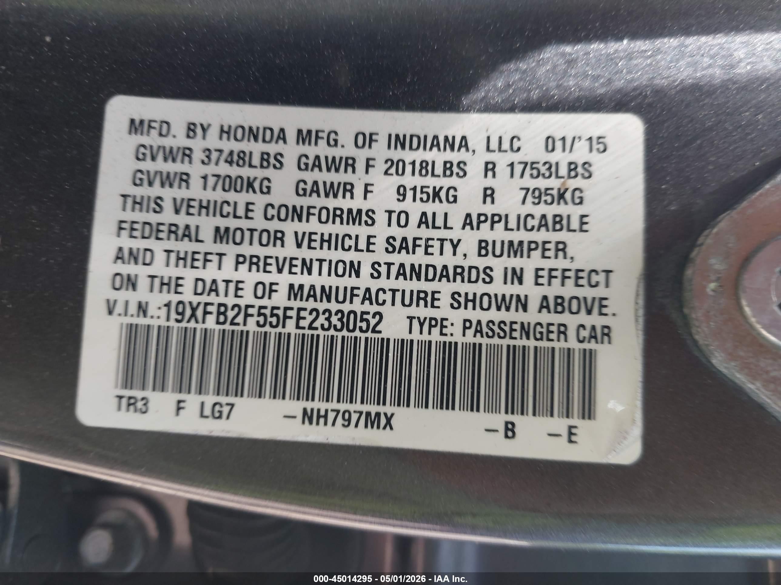 2015 Honda Civic Lx Gray vin: 19XFB2F55FE233052