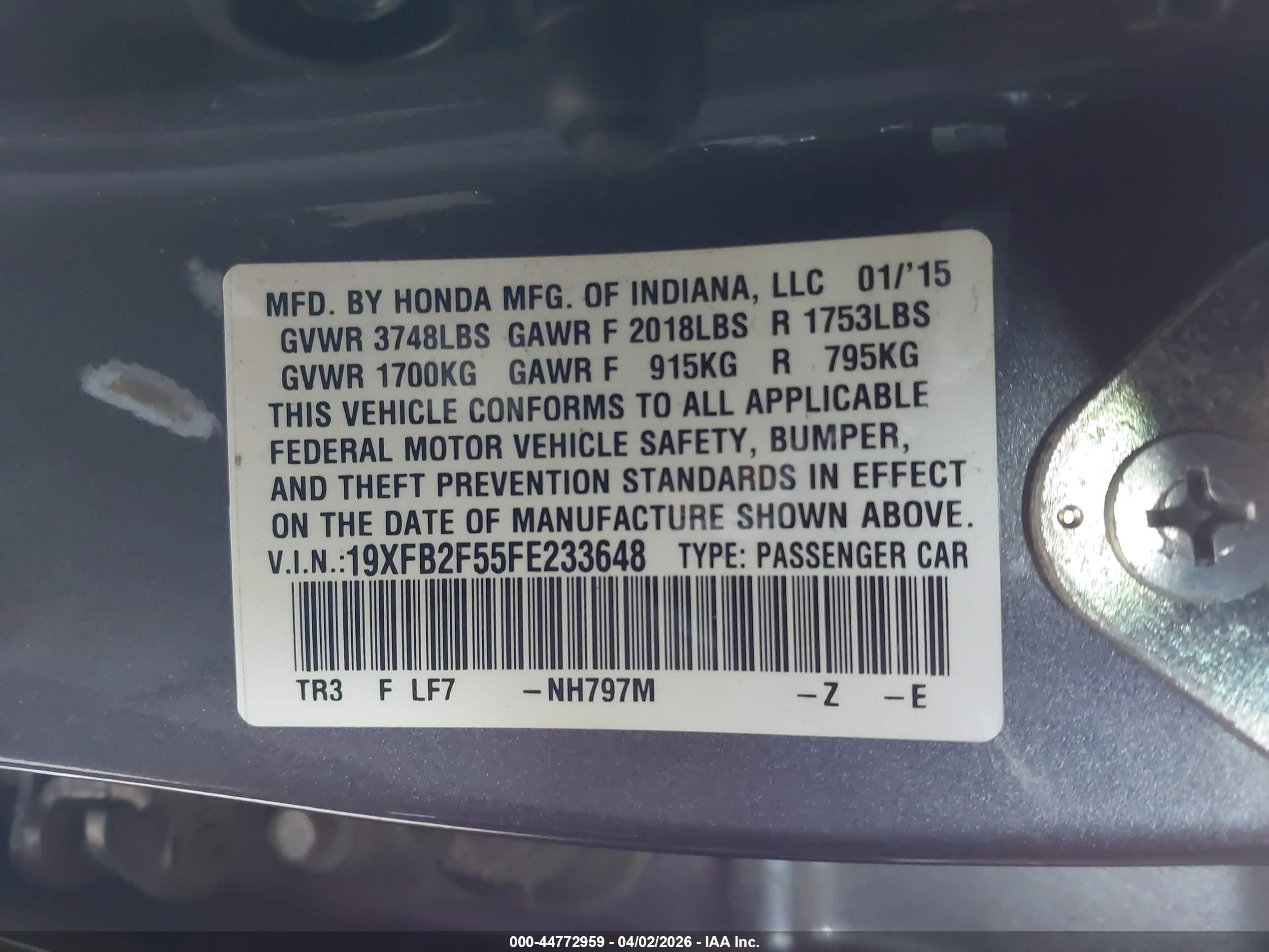2015 Honda Civic Lx Gray vin: 19XFB2F55FE233648