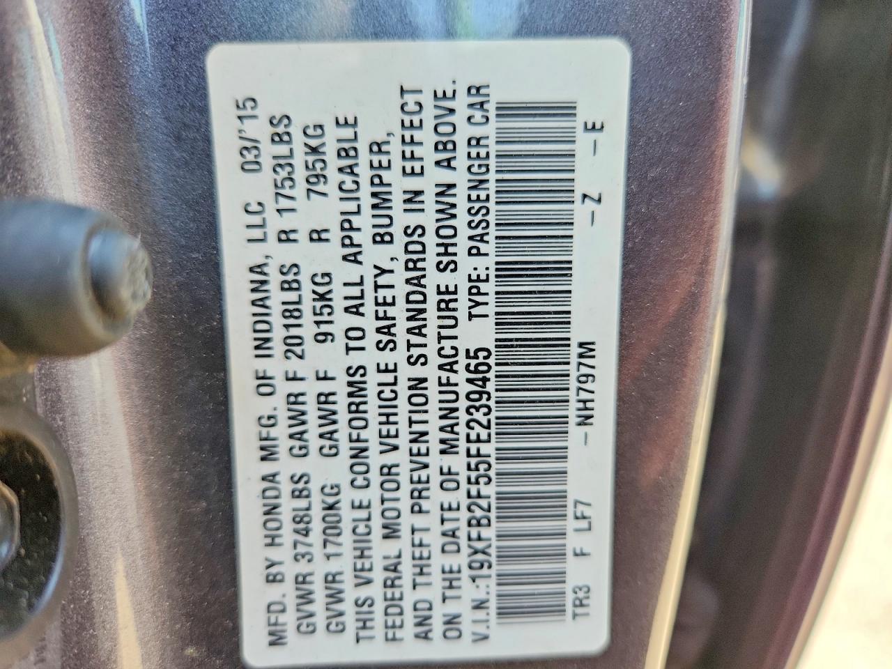 2015 Honda Civic Lx Gray vin: 19XFB2F55FE239465